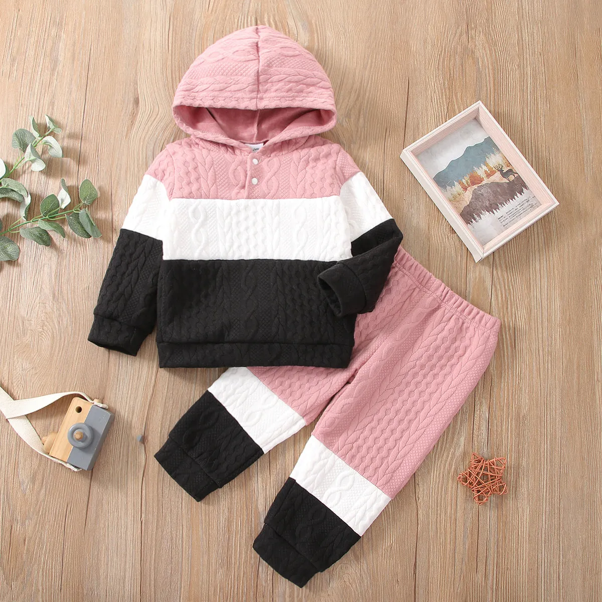 2-piece Toddler Girl/Boy Colorblock Hoodie Sweatshirt and Pants Set