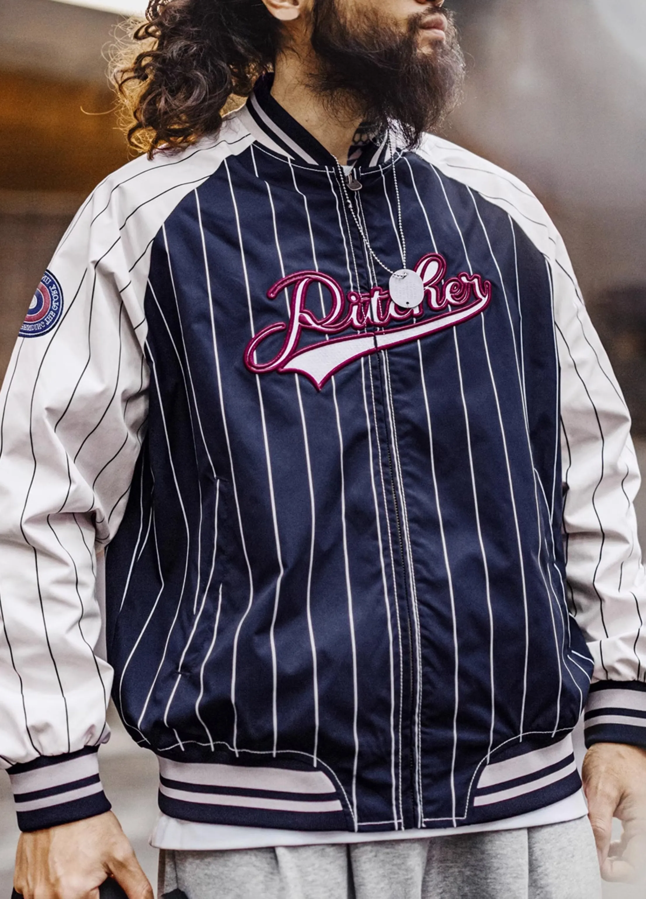 American Retro Striped Baseball Letter Embroidery Contrast Color Men's Jacket