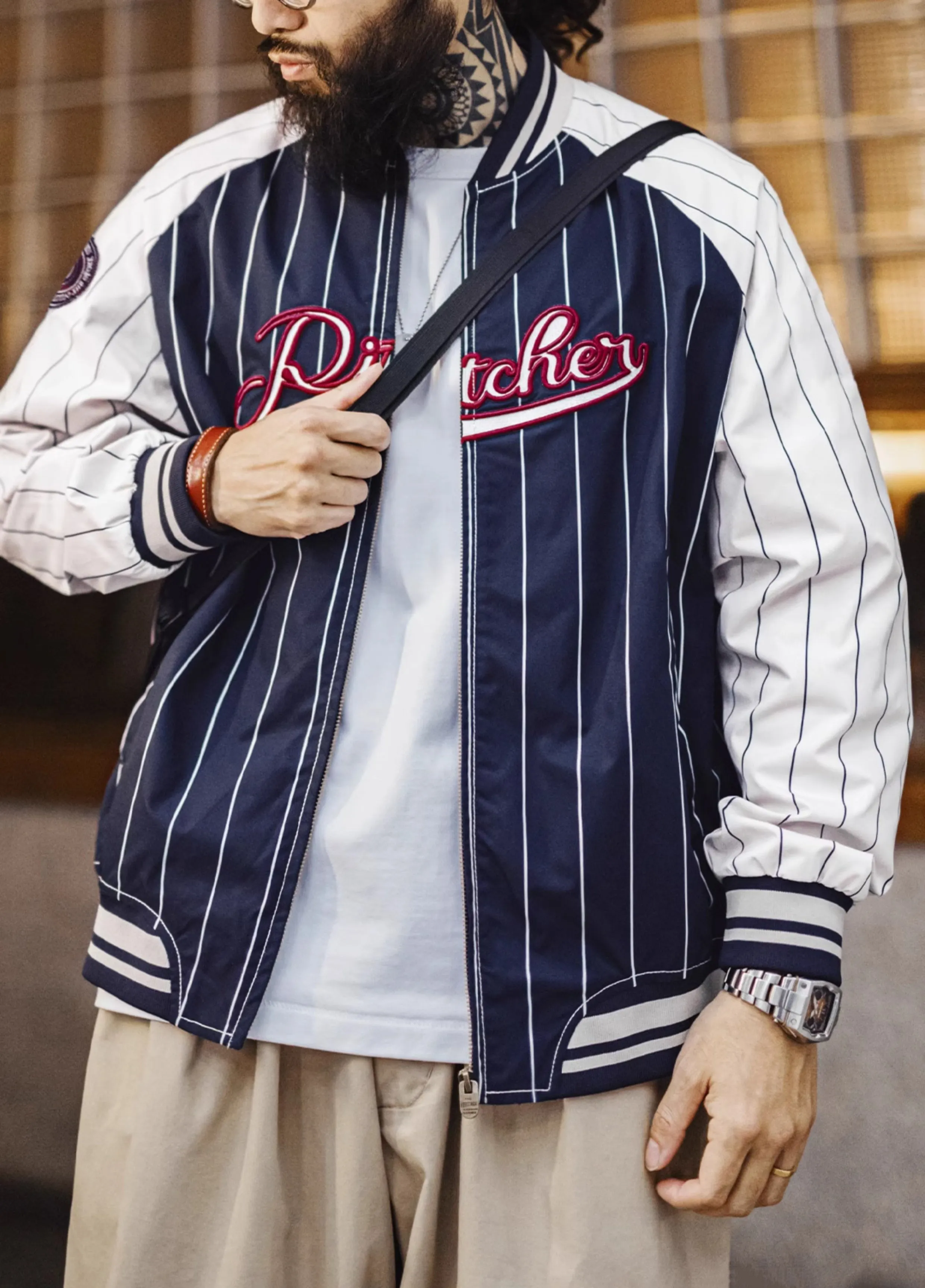 American Retro Striped Baseball Letter Embroidery Contrast Color Men's Jacket