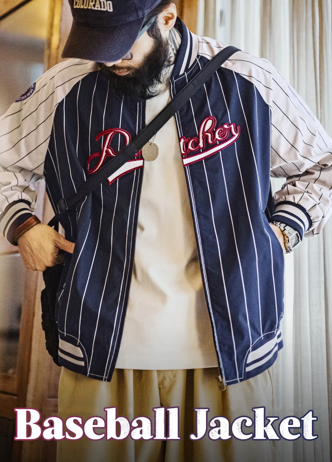 American Retro Striped Baseball Letter Embroidery Contrast Color Men's Jacket