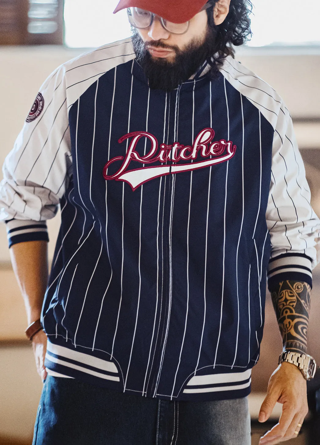American Retro Striped Baseball Letter Embroidery Contrast Color Men's Jacket