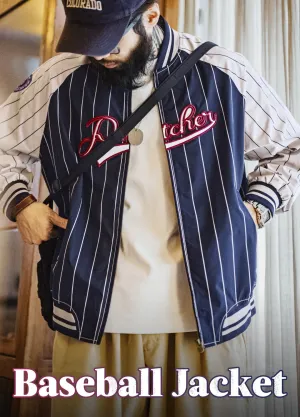 American Retro Striped Baseball Letter Embroidery Contrast Color Men's Jacket