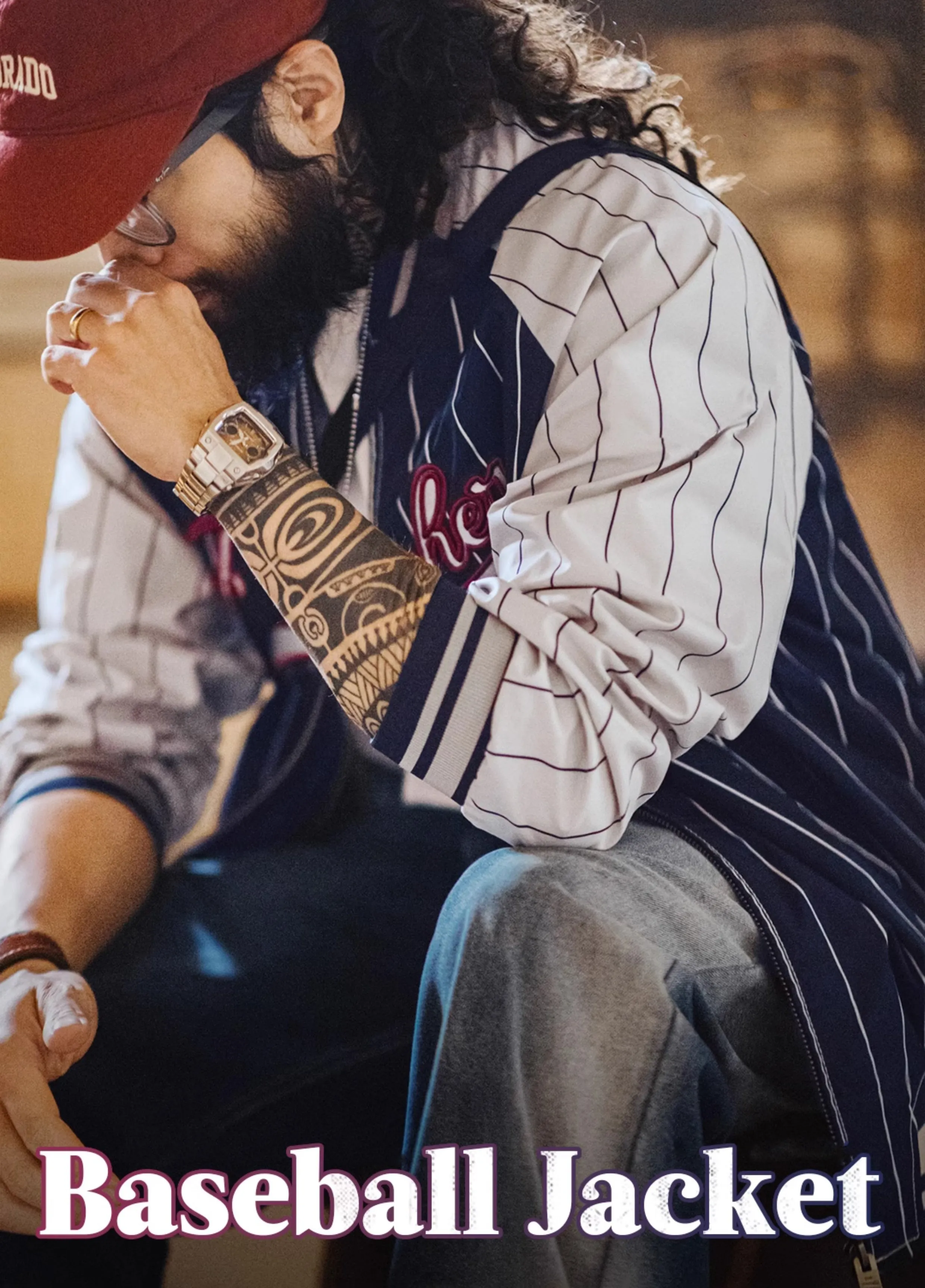 American Retro Striped Baseball Letter Embroidery Contrast Color Men's Jacket