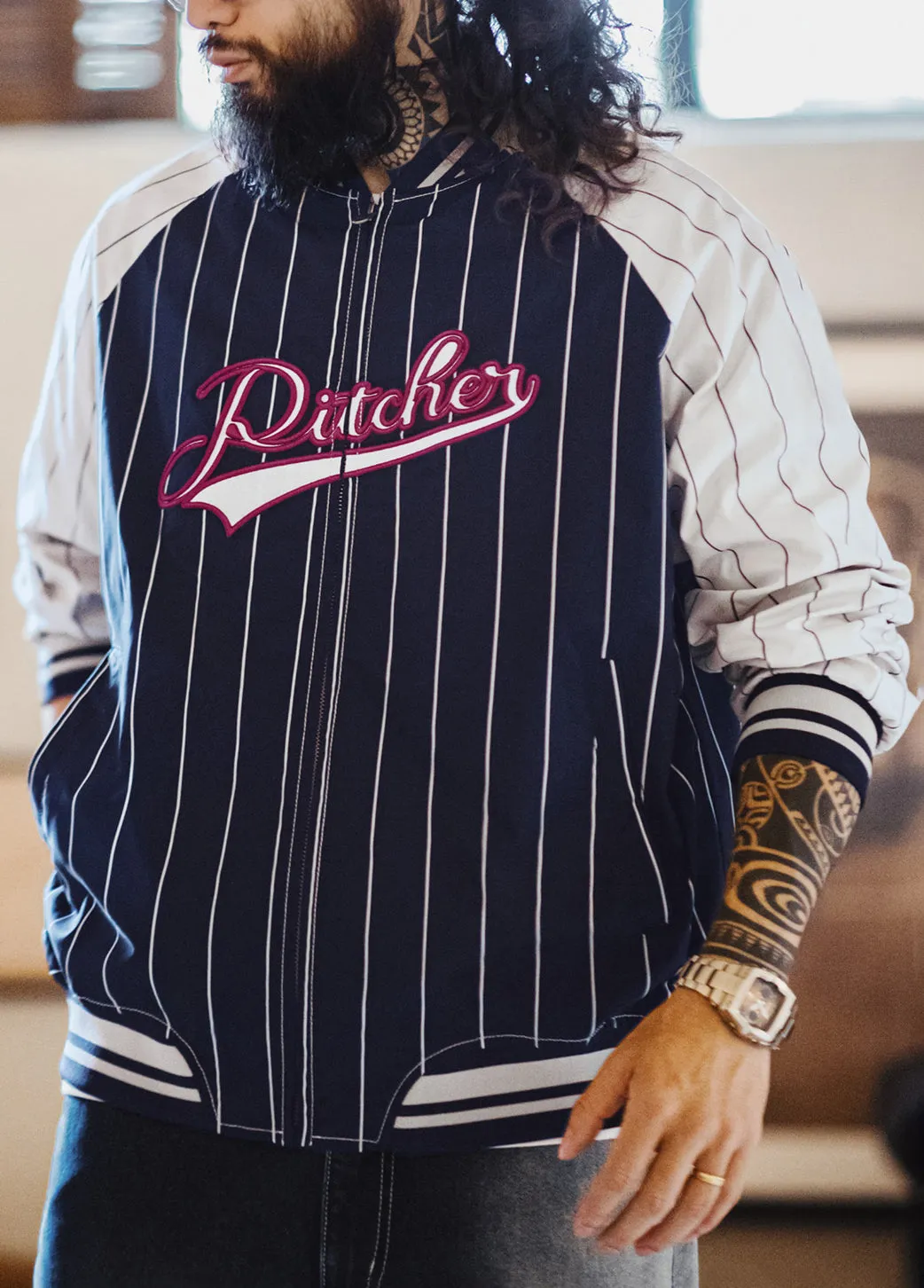 American Retro Striped Baseball Letter Embroidery Contrast Color Men's Jacket