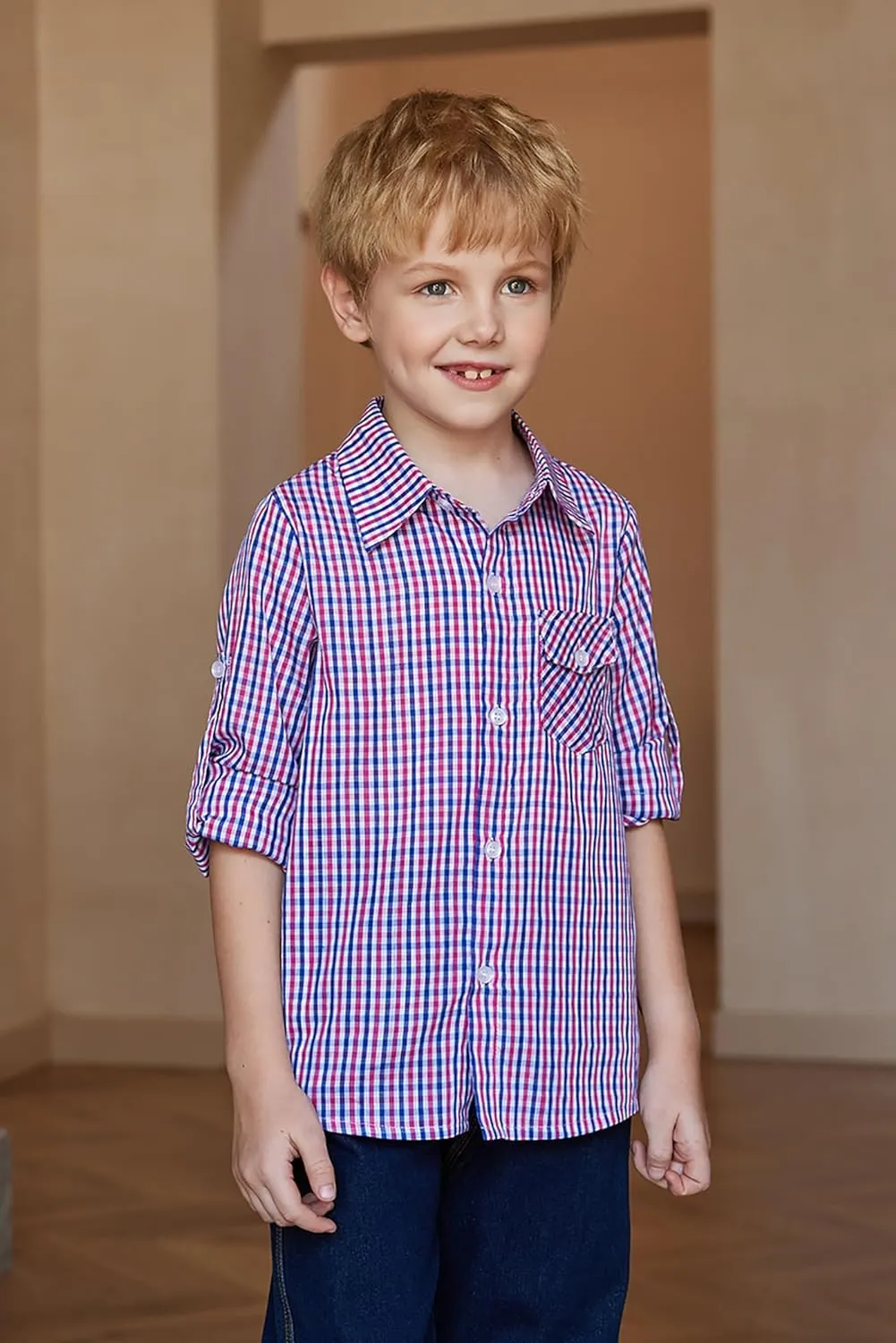 Arshiner Boy's Plaid Button Down Shirt Long Sleeve Roll Up Shirts