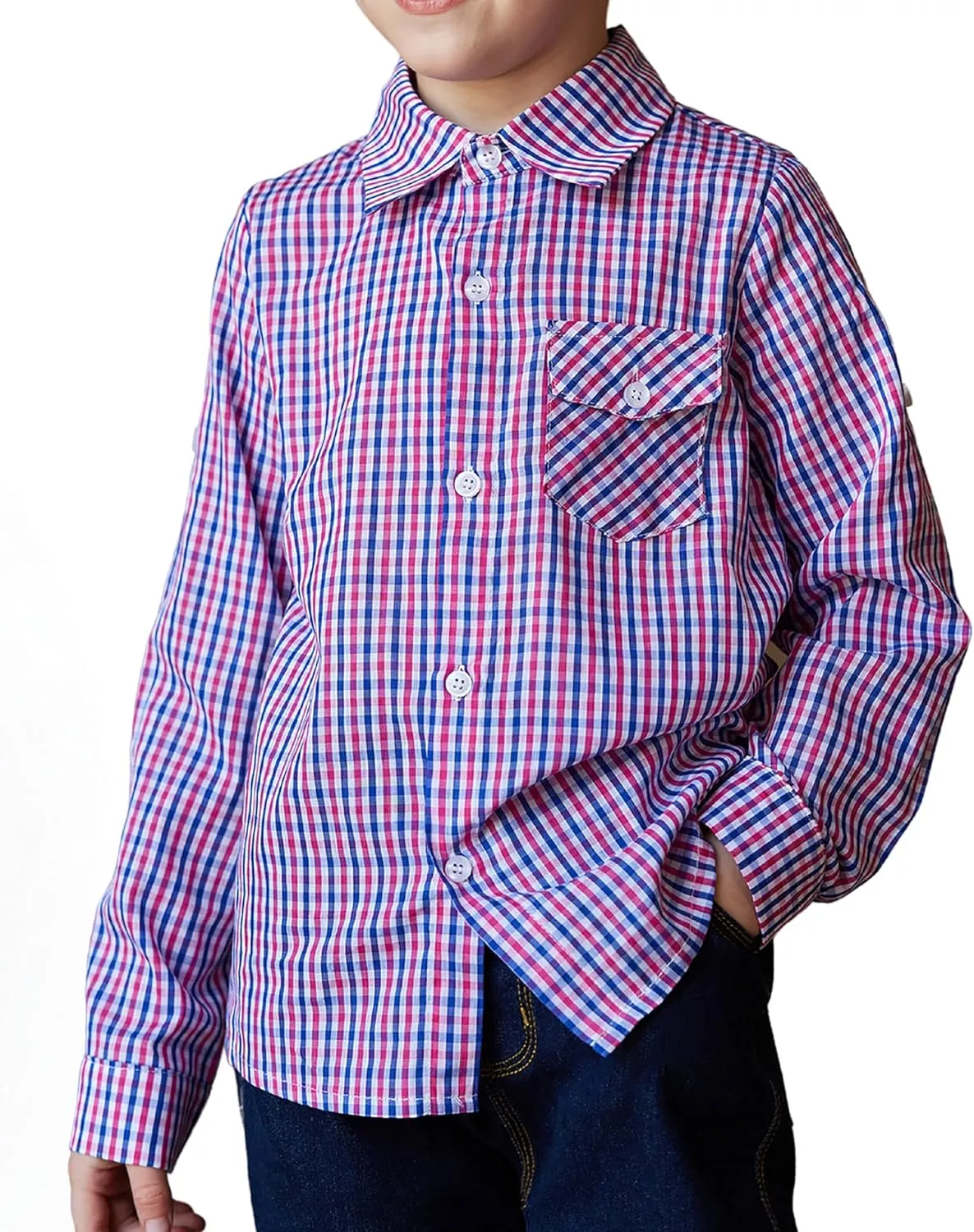 Arshiner Boy's Plaid Button Down Shirt Long Sleeve Roll Up Shirts