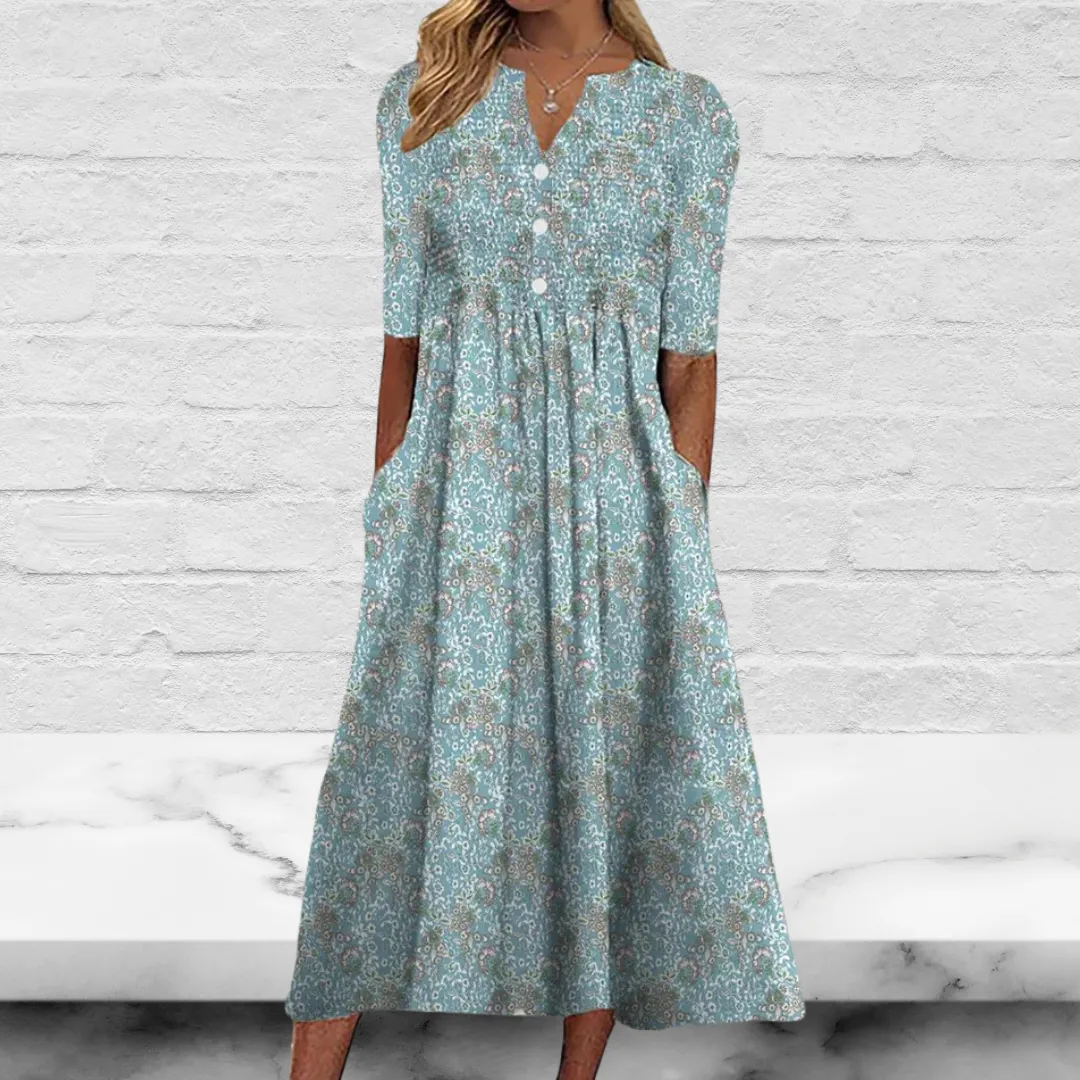 Blue V Neck Casual Short Sleeve Floral Midi Dress