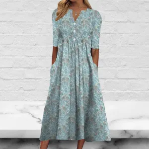 Blue V Neck Casual Short Sleeve Floral Midi Dress