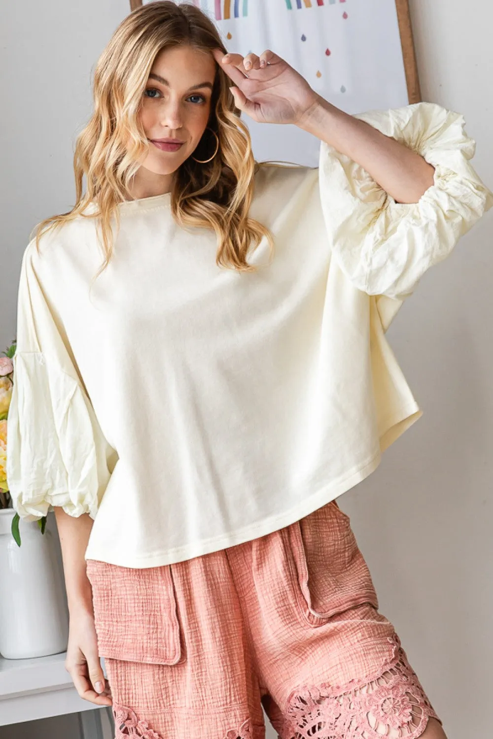 Cream Mineral Washed Bubble Sleeve Top