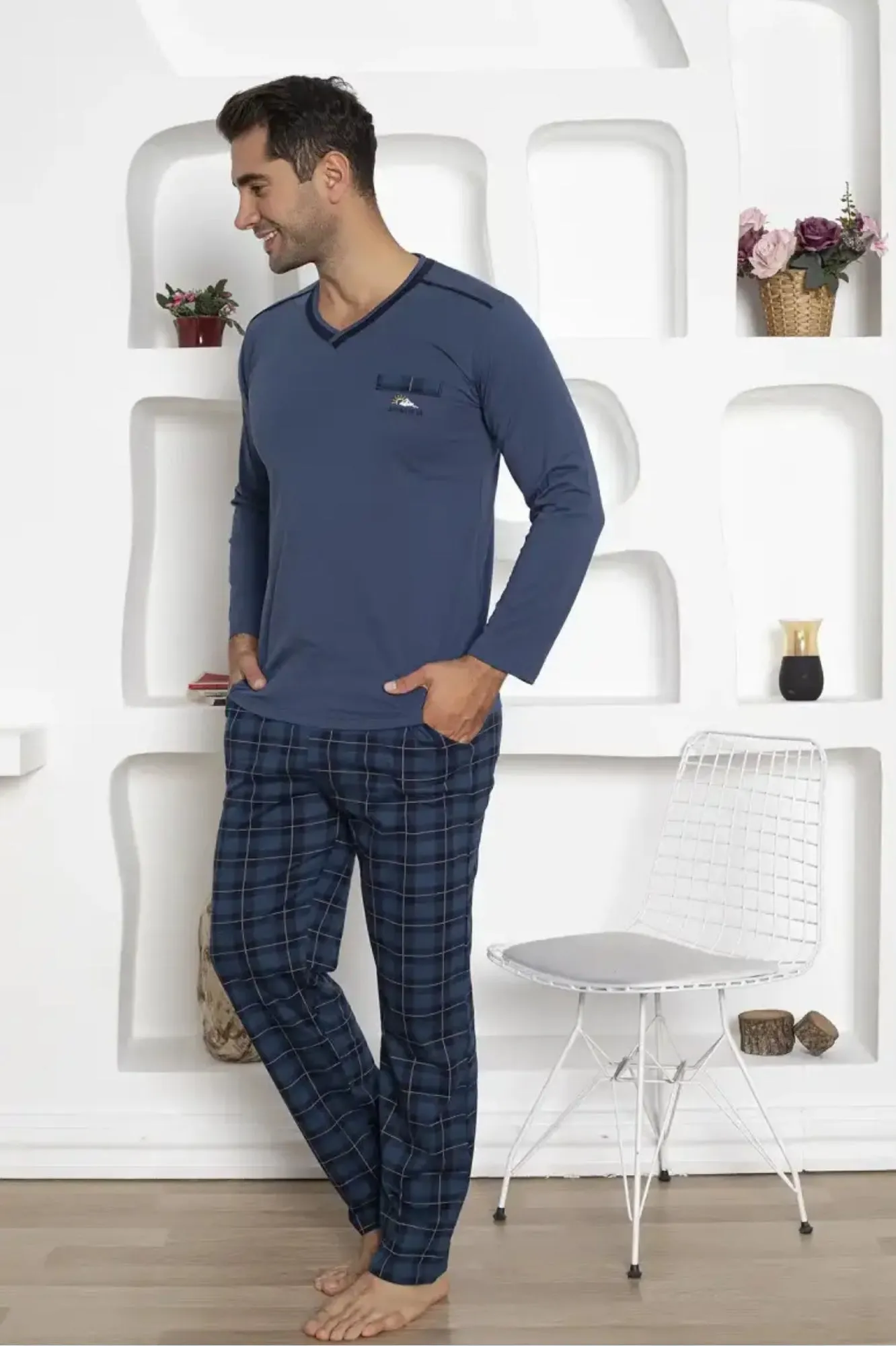 dreamy ekoseli kisa kollu v yaka cepli erkek pijama takimi