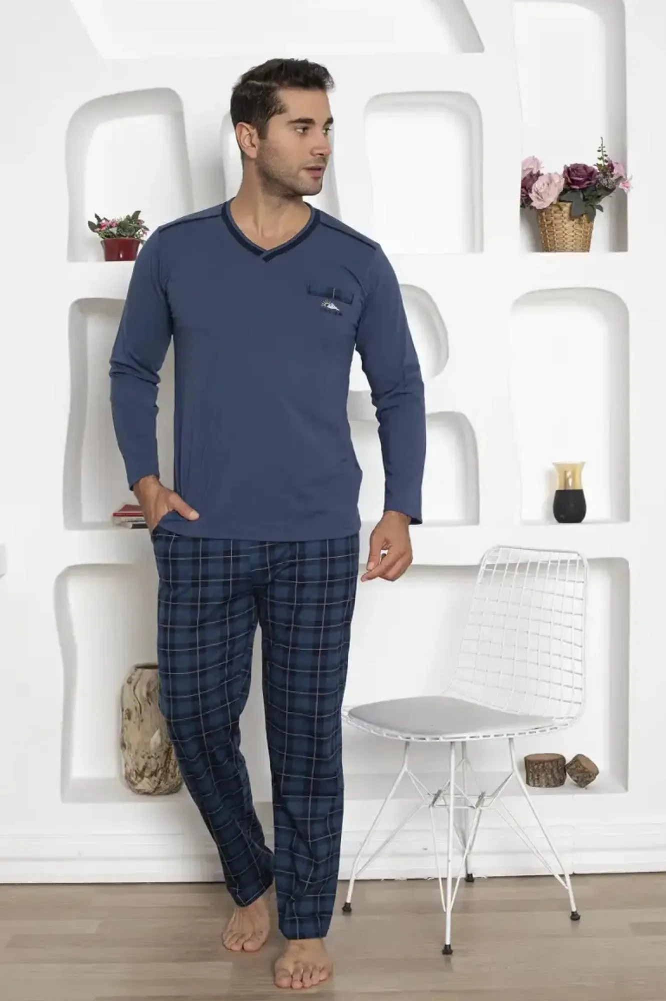 dreamy ekoseli kisa kollu v yaka cepli erkek pijama takimi