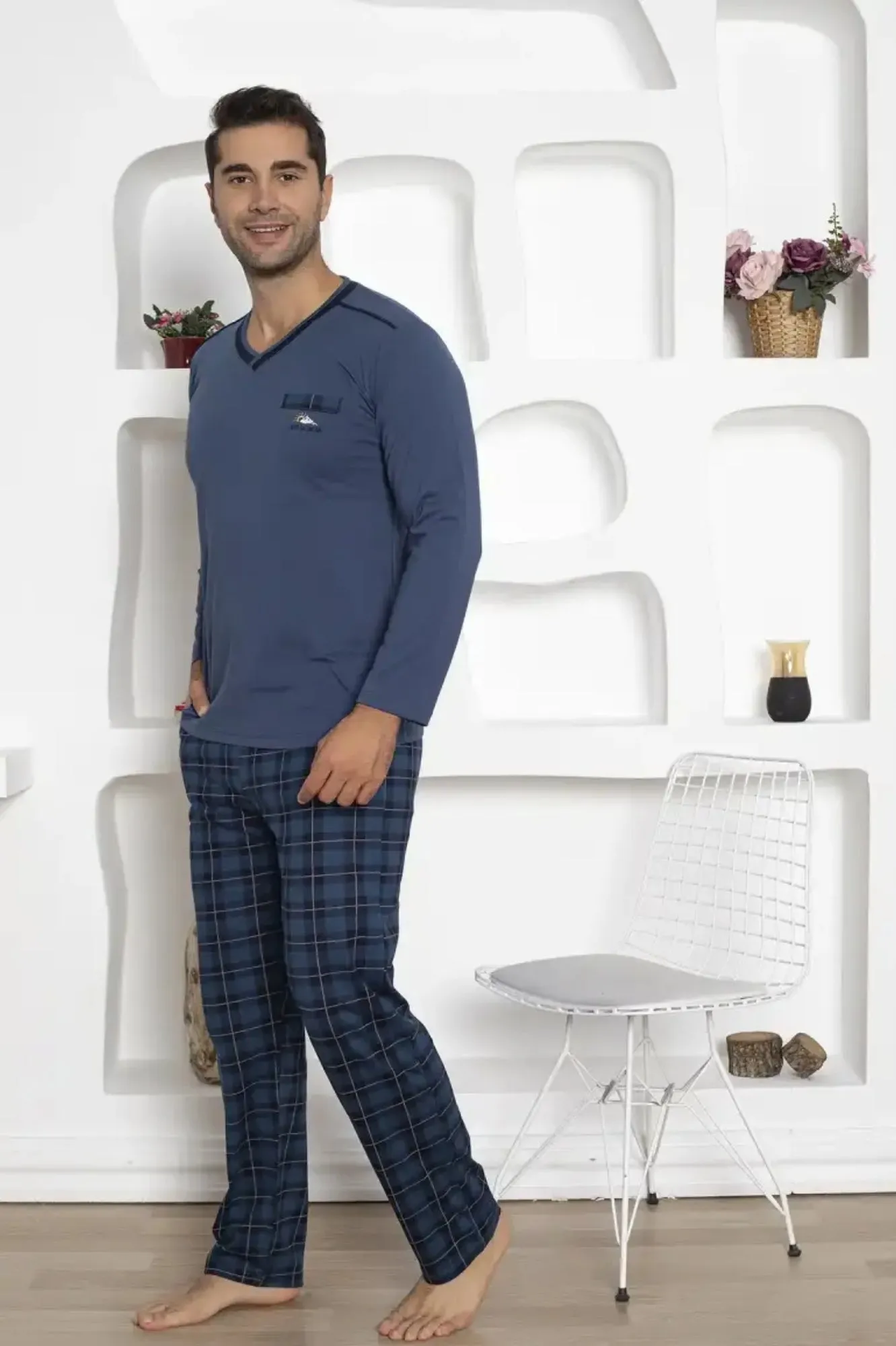 dreamy ekoseli kisa kollu v yaka cepli erkek pijama takimi