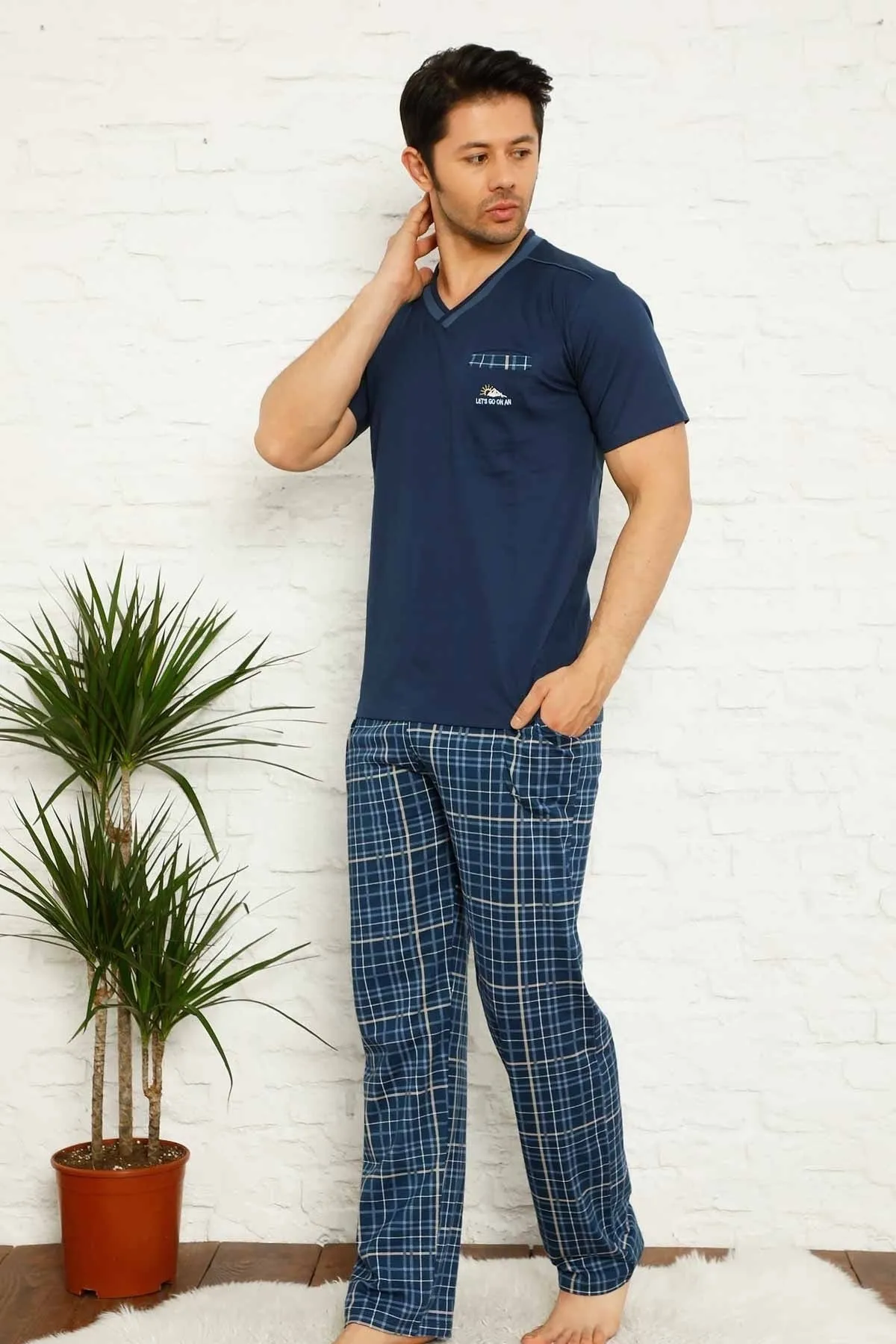 dreamy ekoseli kisa kollu v yaka cepli erkek pijama takimi