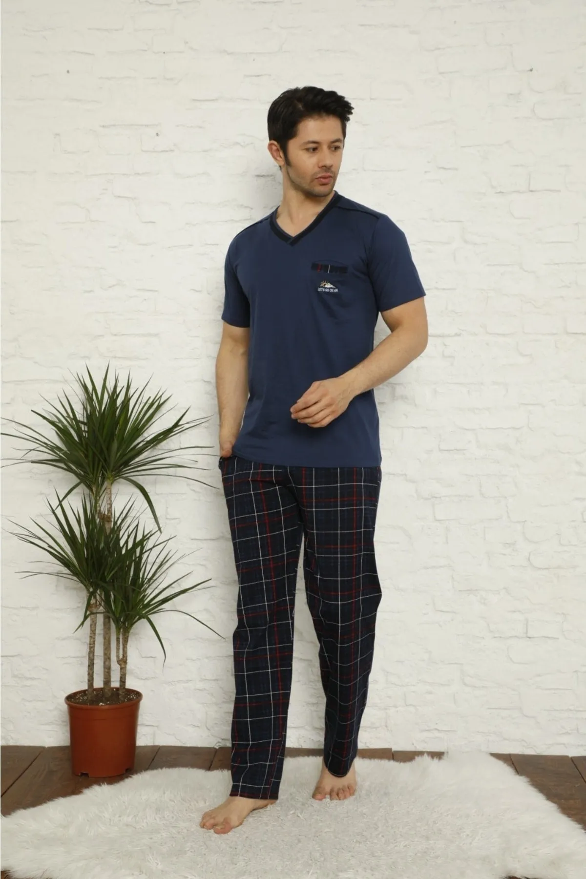 dreamy ekoseli kisa kollu v yaka cepli erkek pijama takimi