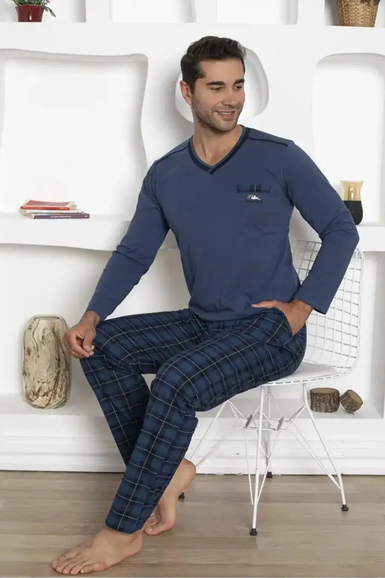 dreamy ekoseli kisa kollu v yaka cepli erkek pijama takimi