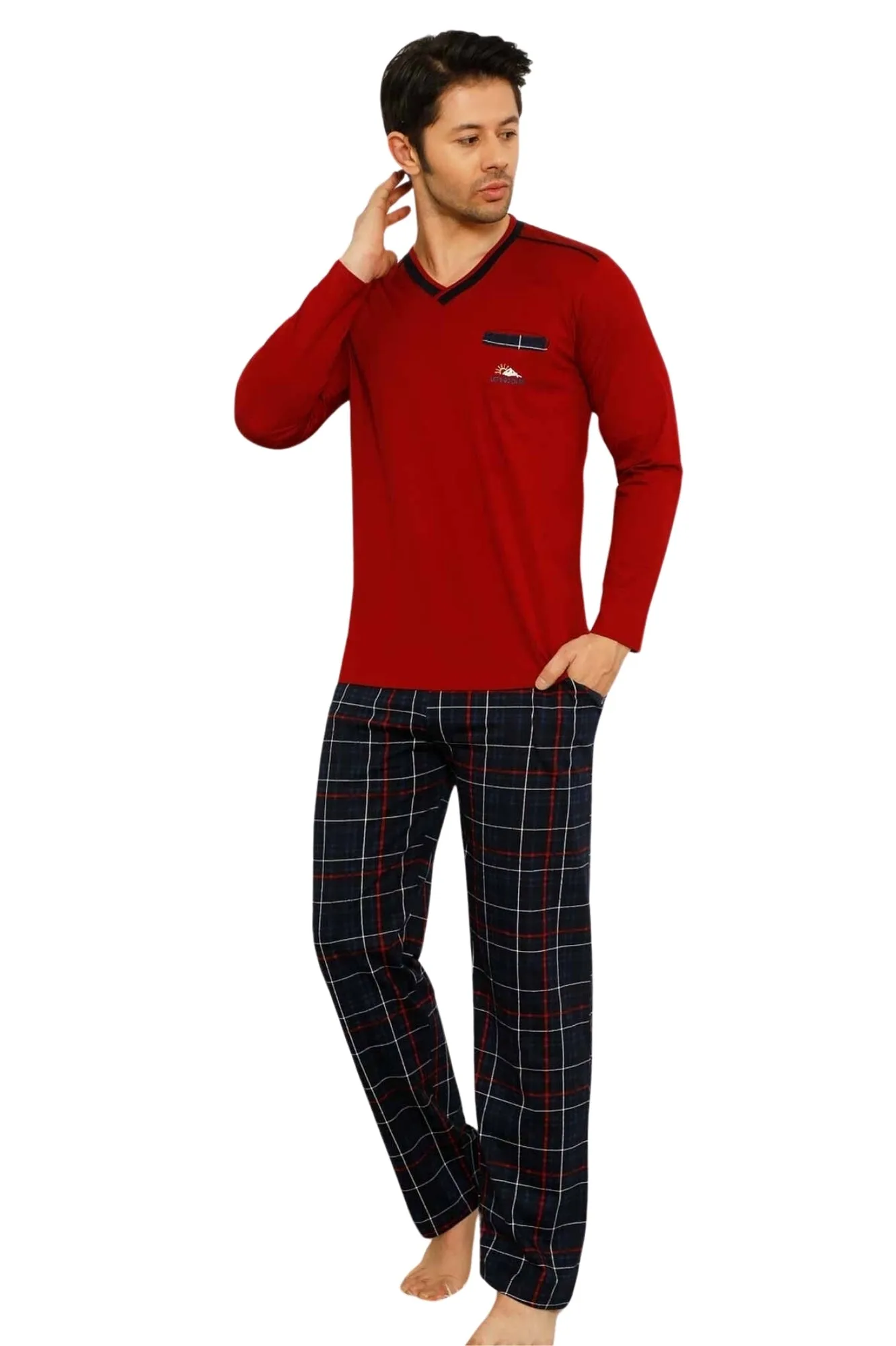 dreamy ekoseli kisa kollu v yaka cepli erkek pijama takimi