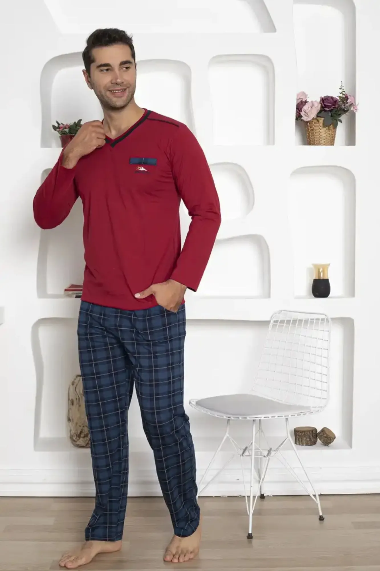dreamy ekoseli kisa kollu v yaka cepli erkek pijama takimi