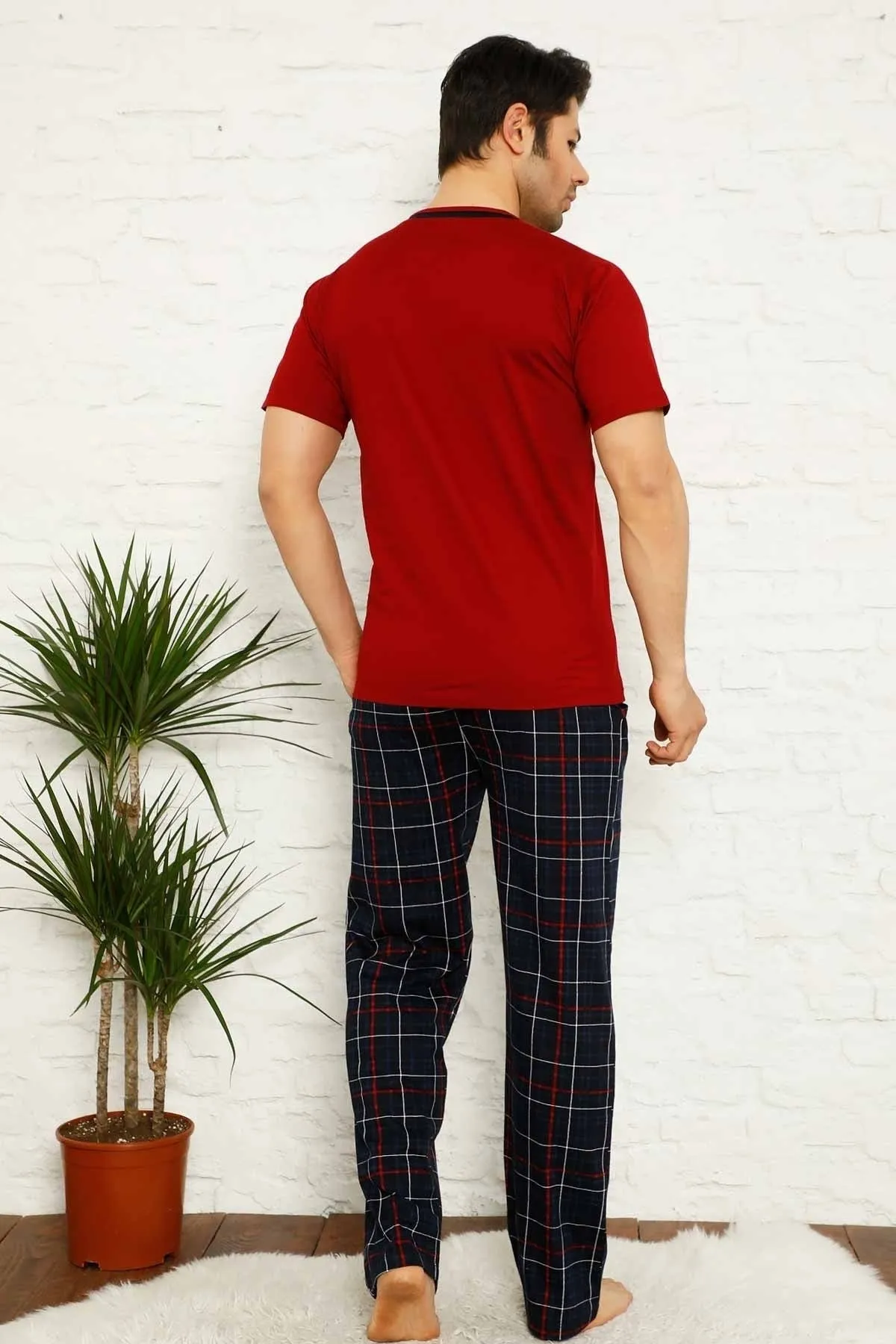 dreamy ekoseli kisa kollu v yaka cepli erkek pijama takimi