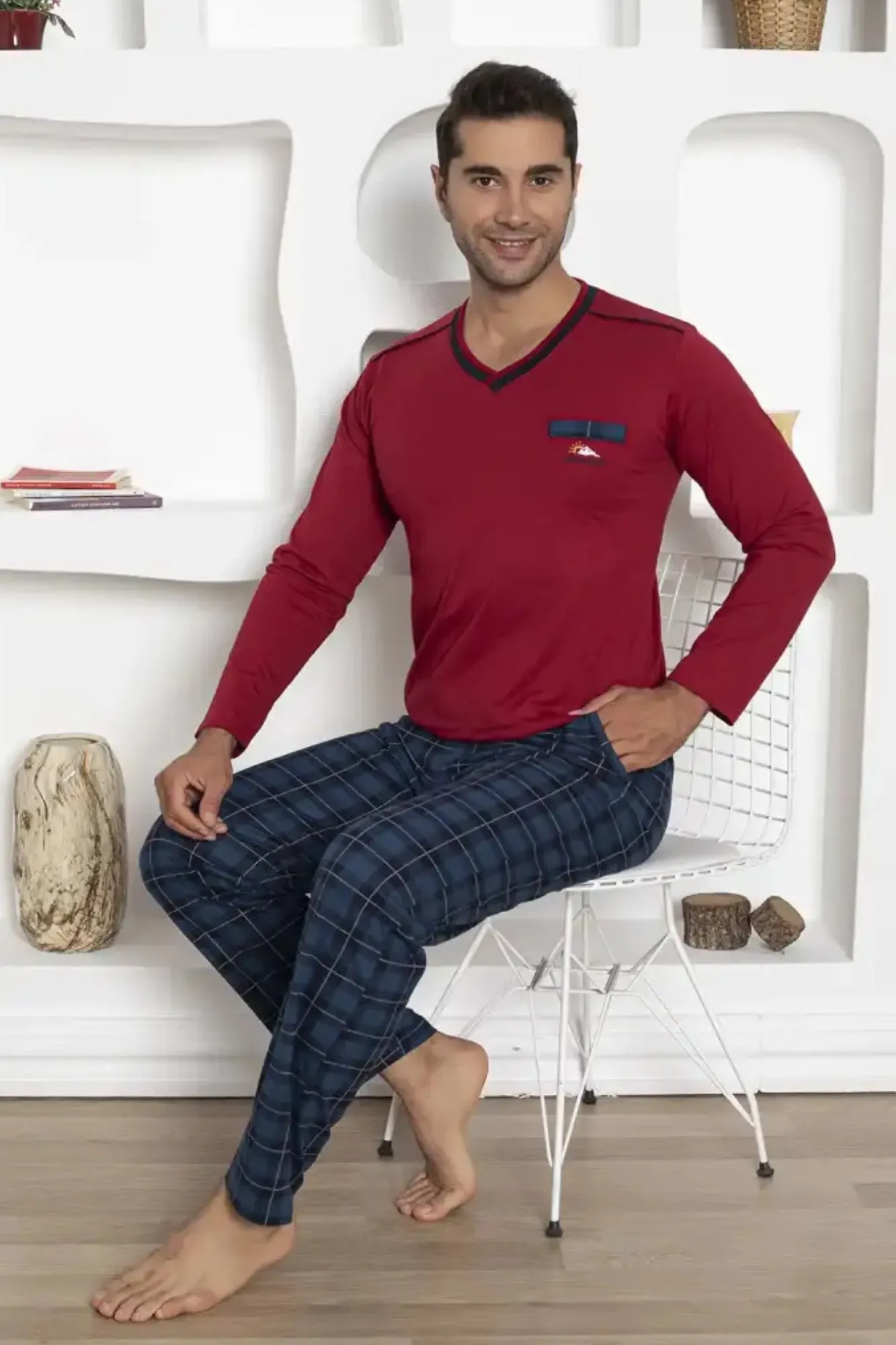 dreamy ekoseli kisa kollu v yaka cepli erkek pijama takimi