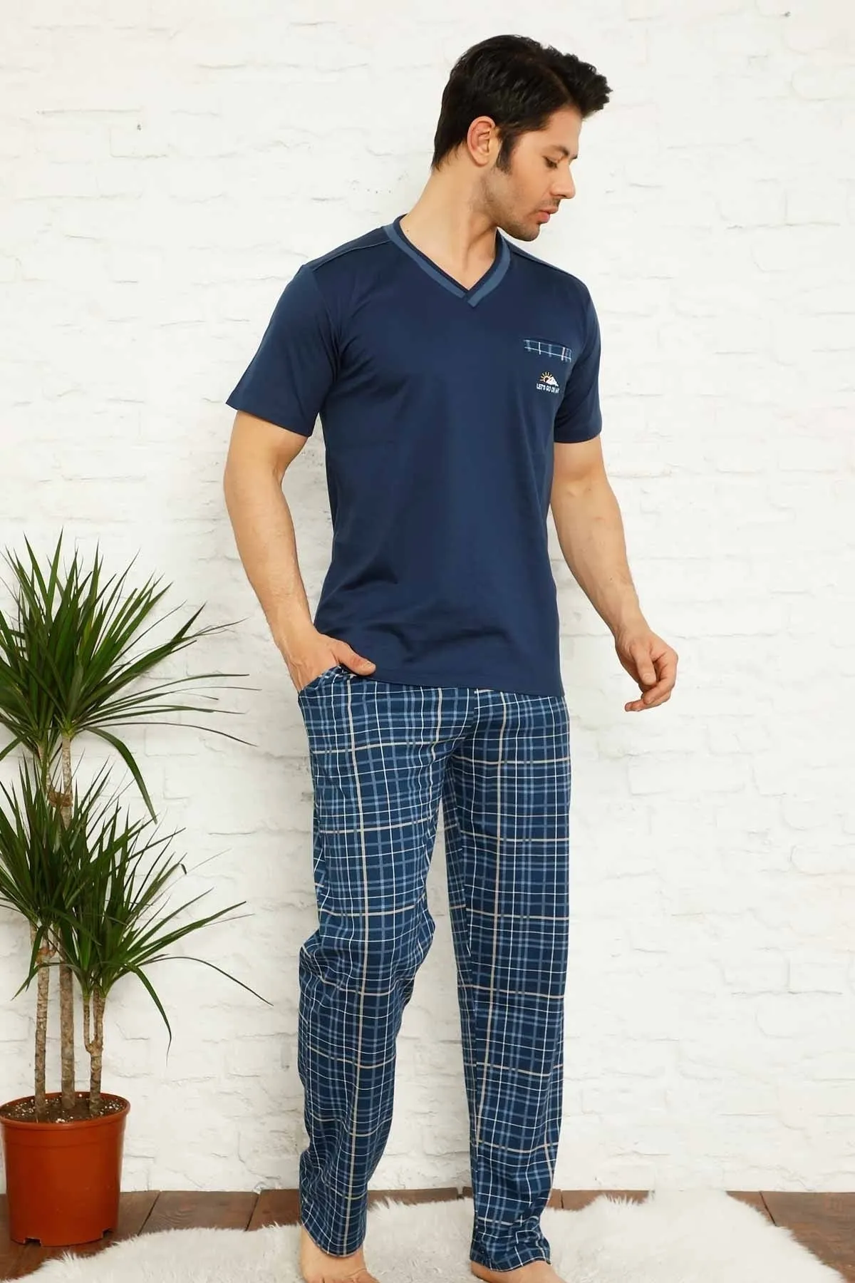 dreamy ekoseli kisa kollu v yaka cepli erkek pijama takimi