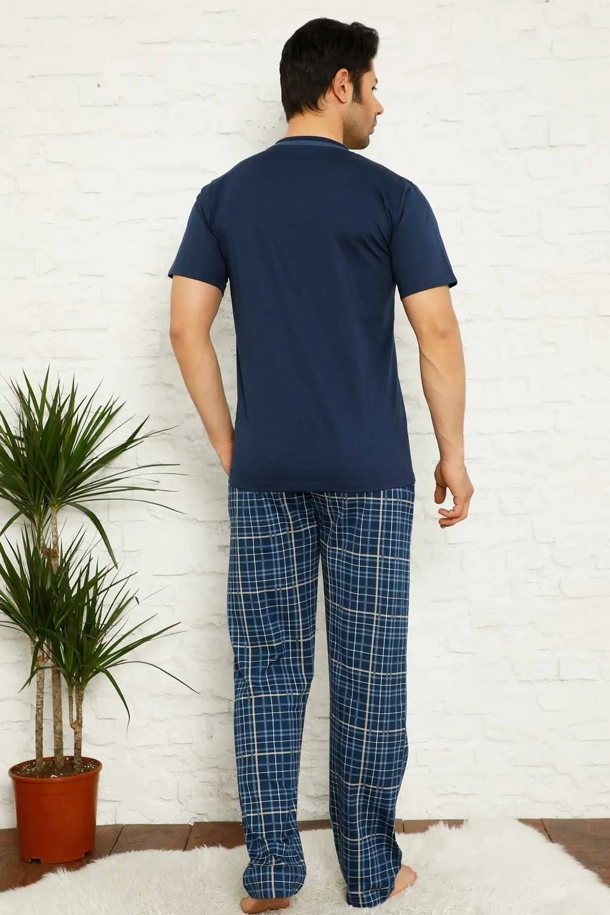 dreamy ekoseli kisa kollu v yaka cepli erkek pijama takimi