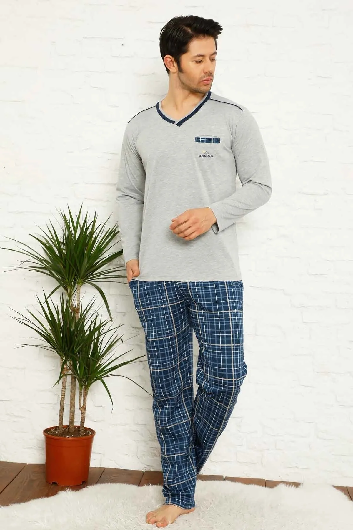 dreamy ekoseli kisa kollu v yaka cepli erkek pijama takimi