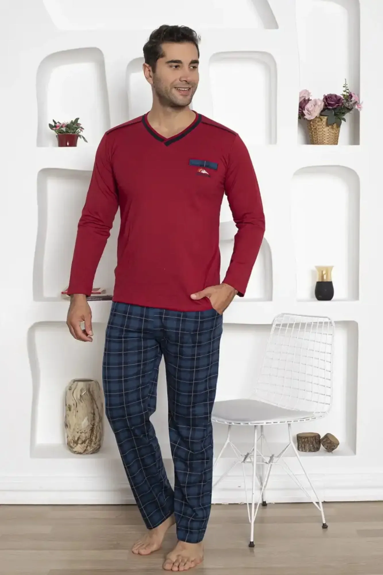 dreamy ekoseli kisa kollu v yaka cepli erkek pijama takimi