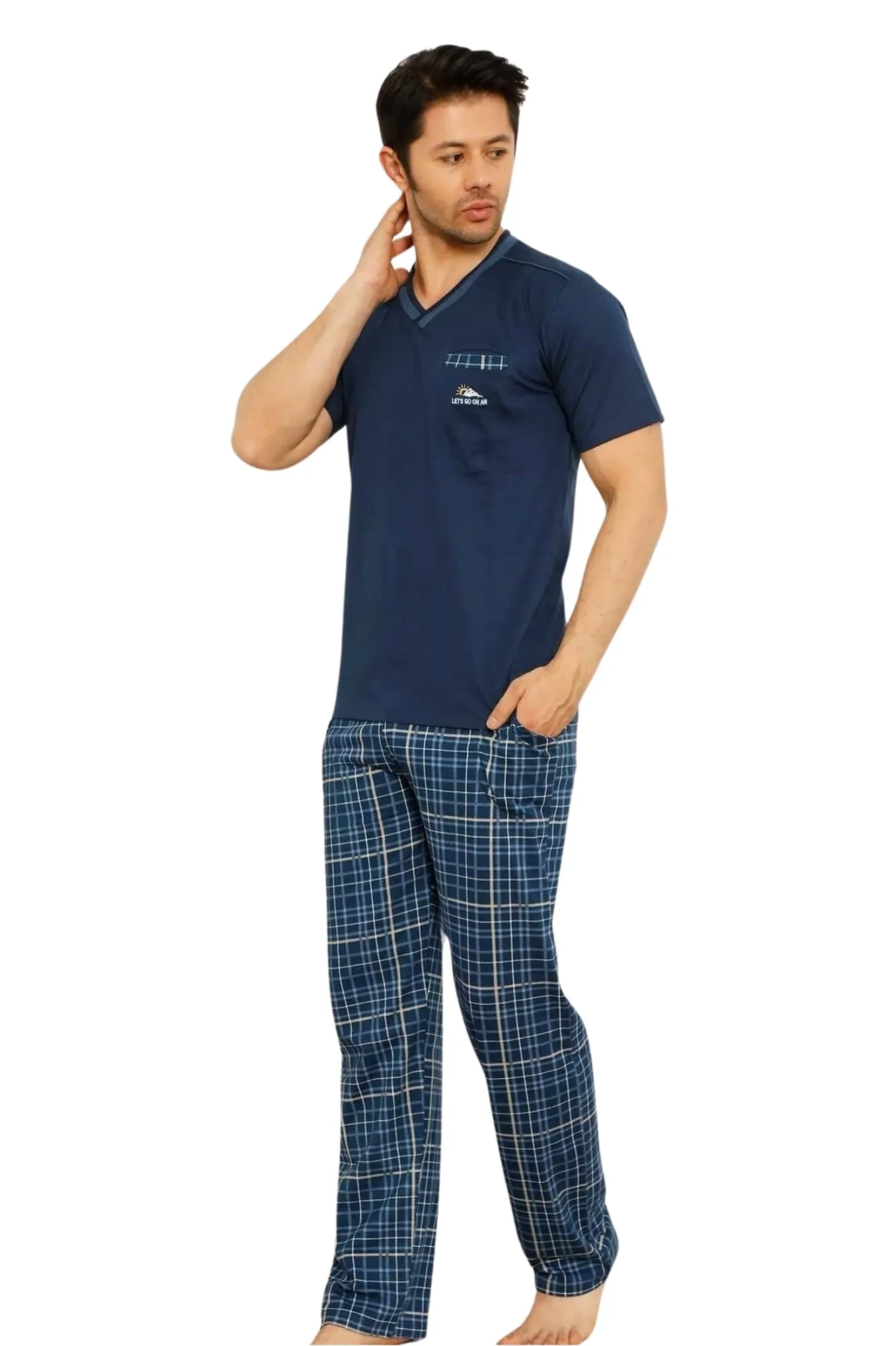 dreamy ekoseli kisa kollu v yaka cepli erkek pijama takimi