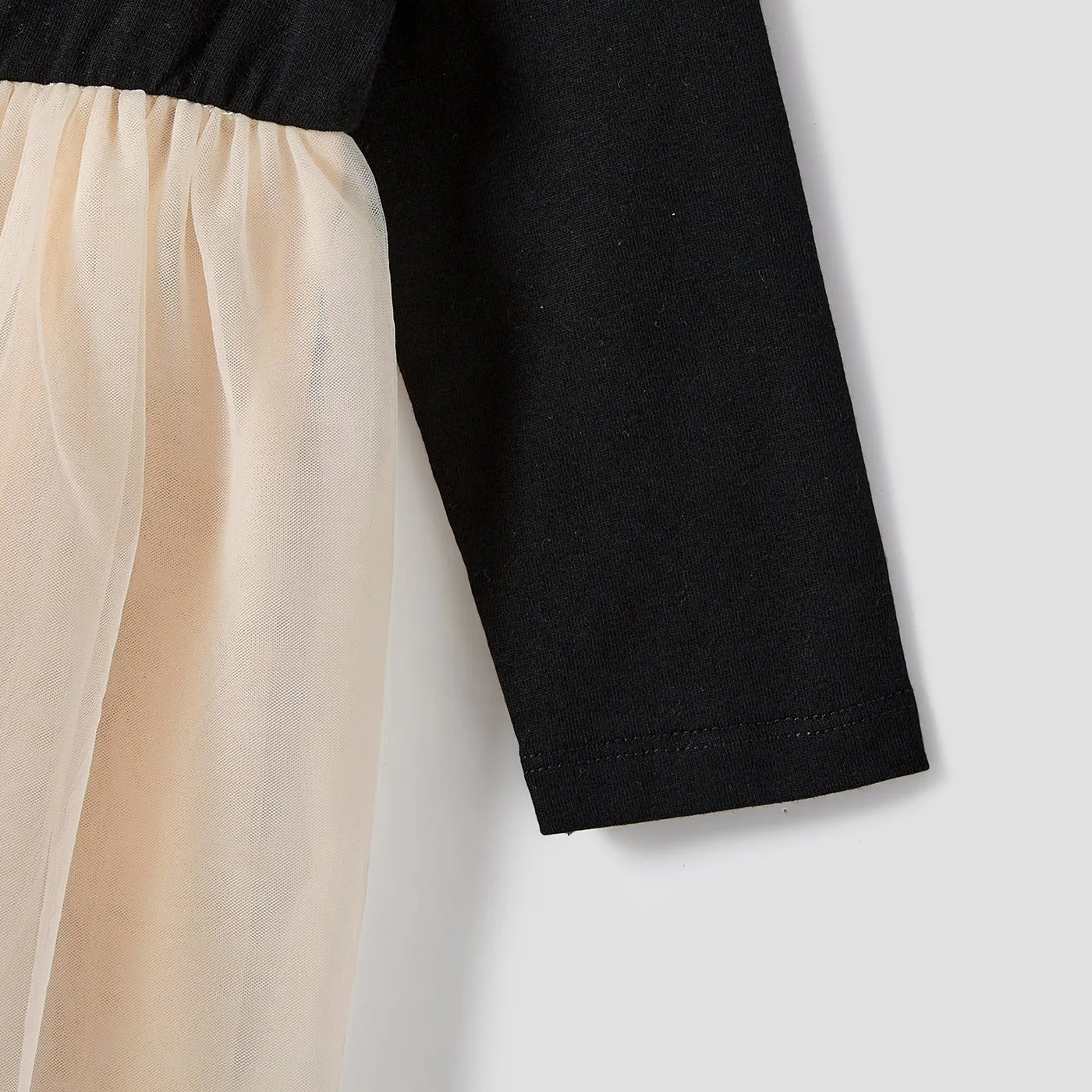 Family Matching Black-Almond Mesh Skirt and Classic Round Neck Long Sleeve Tops Sets