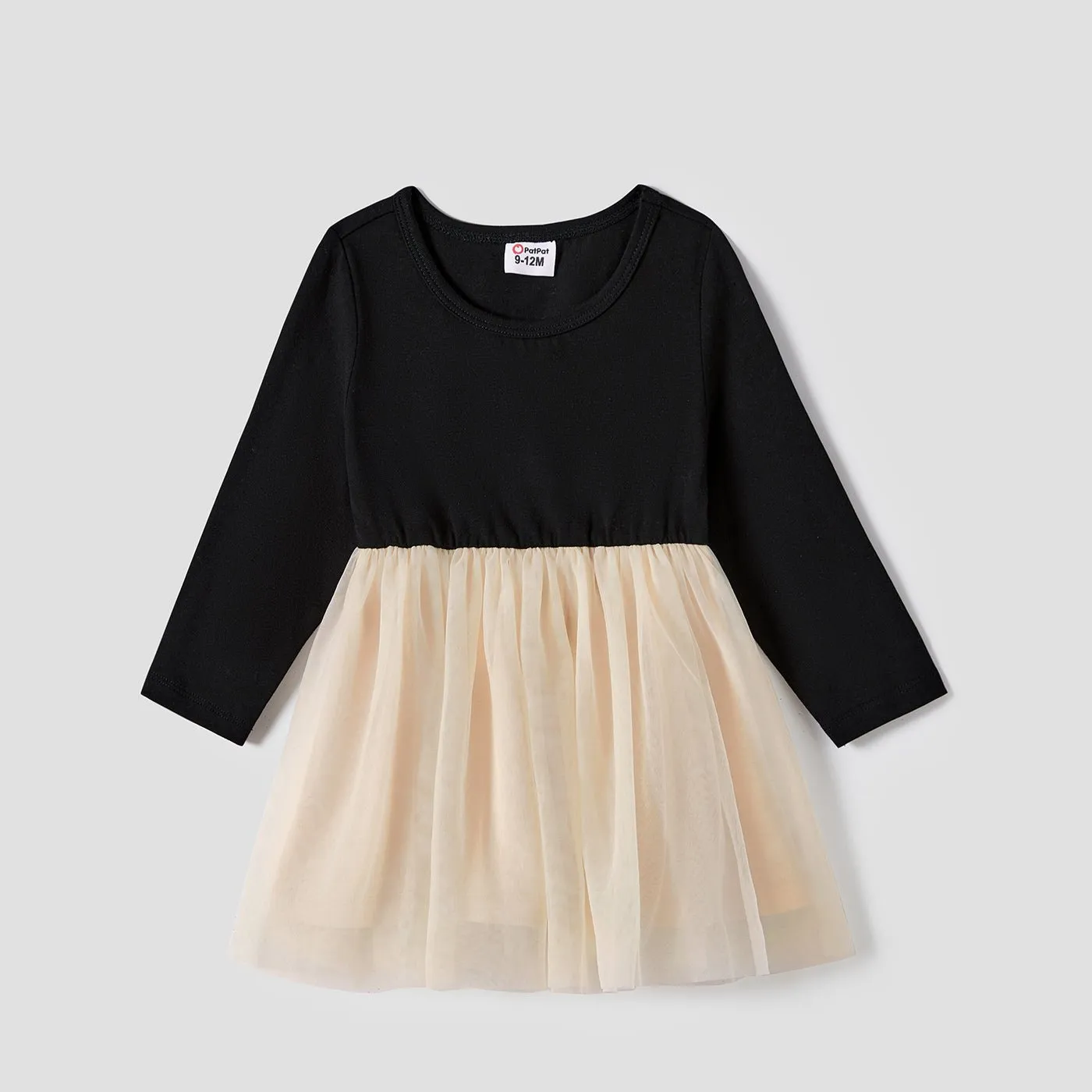 Family Matching Black-Almond Mesh Skirt and Classic Round Neck Long Sleeve Tops Sets