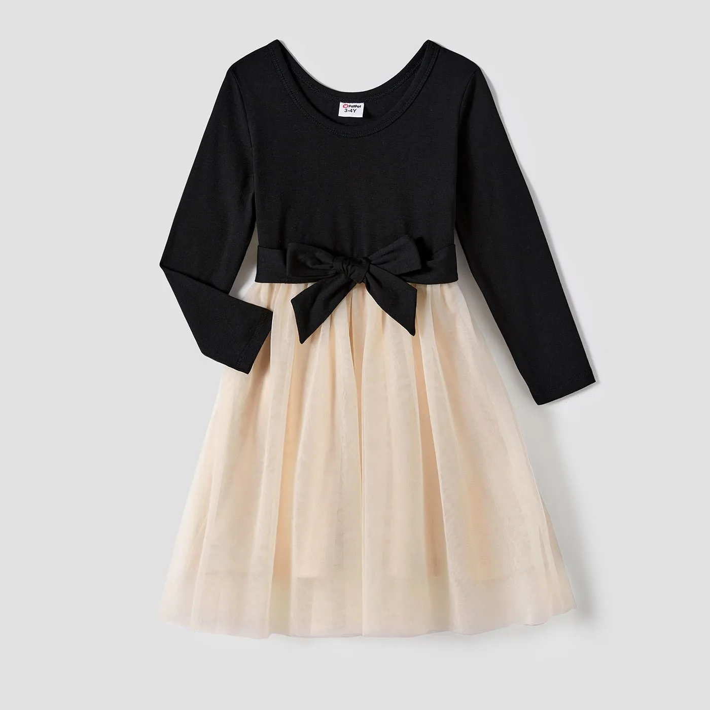 Family Matching Black-Almond Mesh Skirt and Classic Round Neck Long Sleeve Tops Sets
