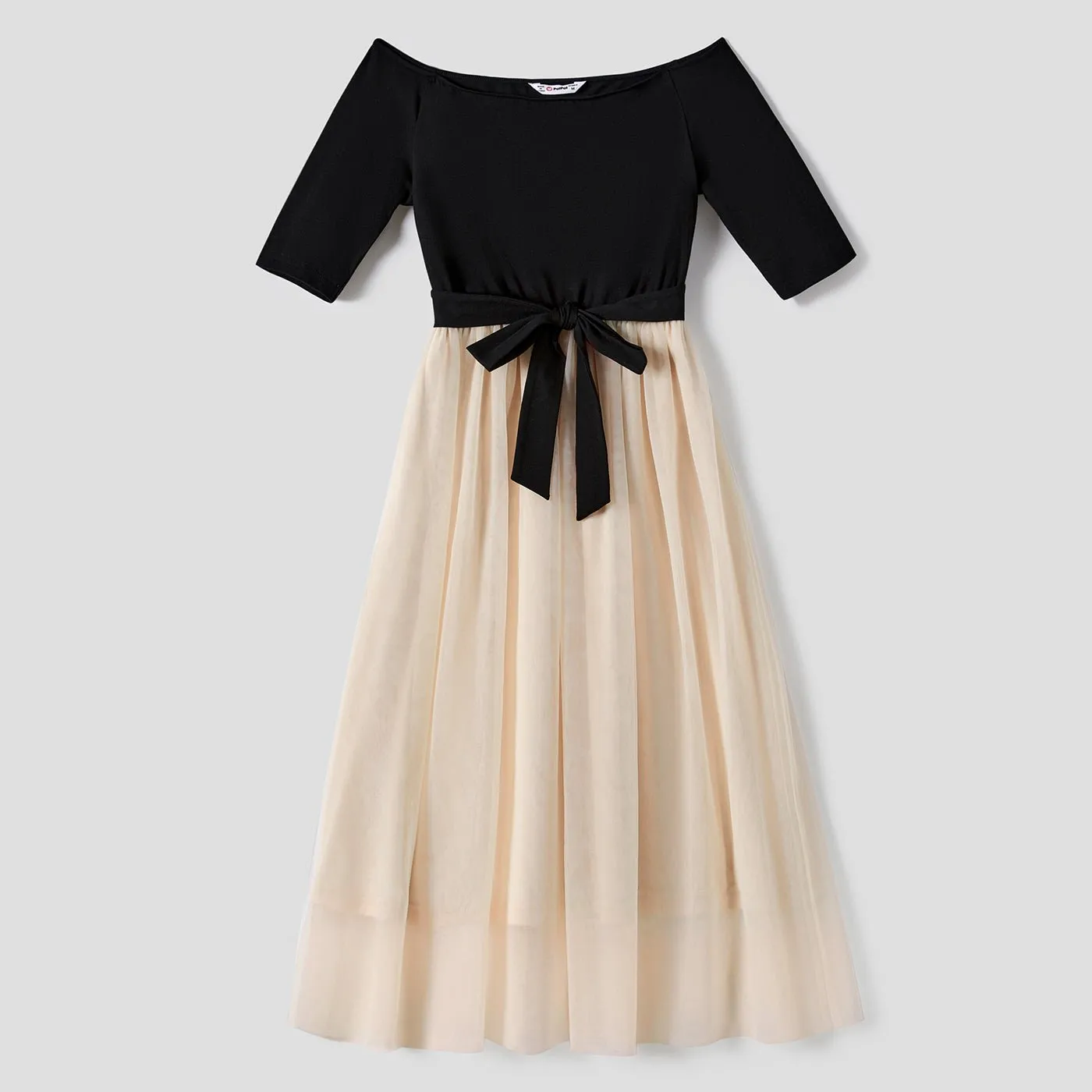 Family Matching Black-Almond Mesh Skirt and Classic Round Neck Long Sleeve Tops Sets