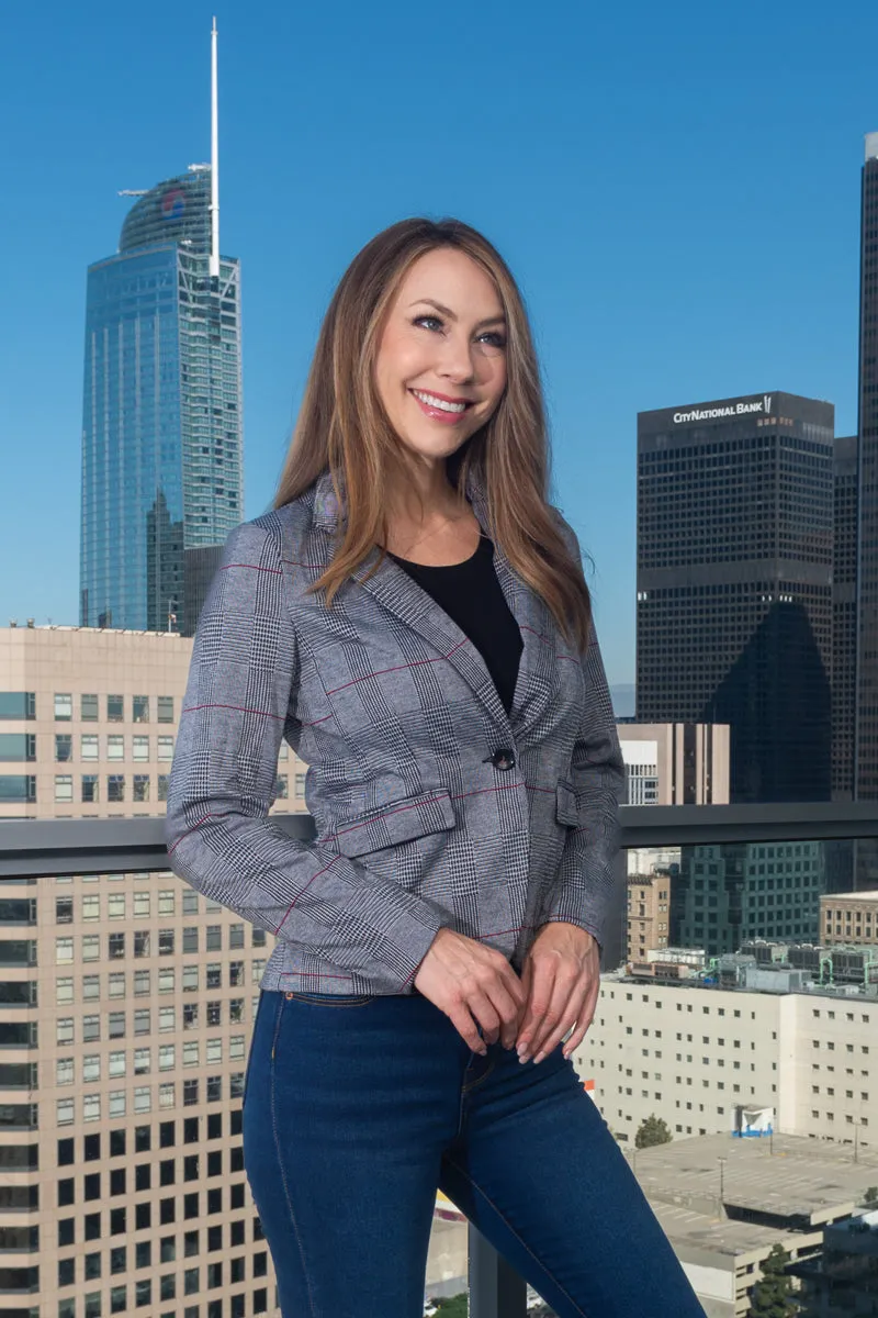 Glen Plaid Princess Cut Blazer with Single Button Closure and Front Flap Pockets in Lt. Grey (8753JS)
