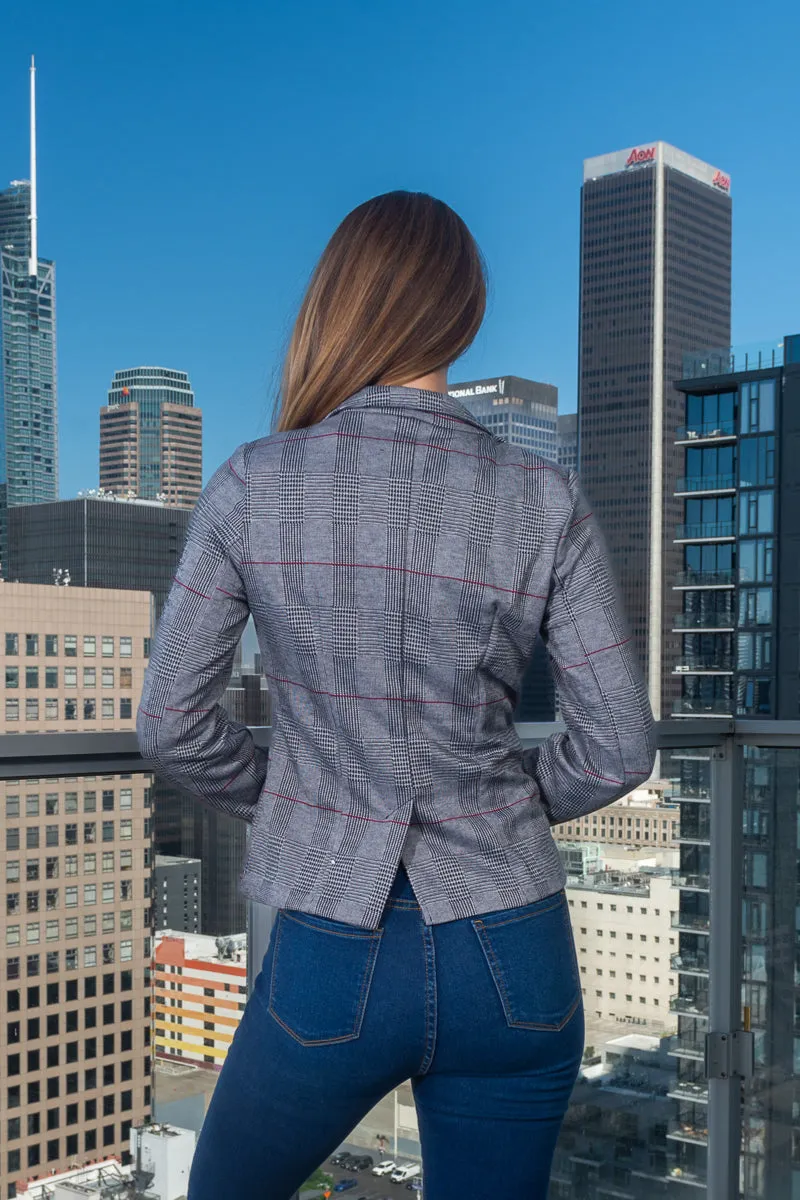Glen Plaid Princess Cut Blazer with Single Button Closure and Front Flap Pockets in Lt. Grey (8753JS)
