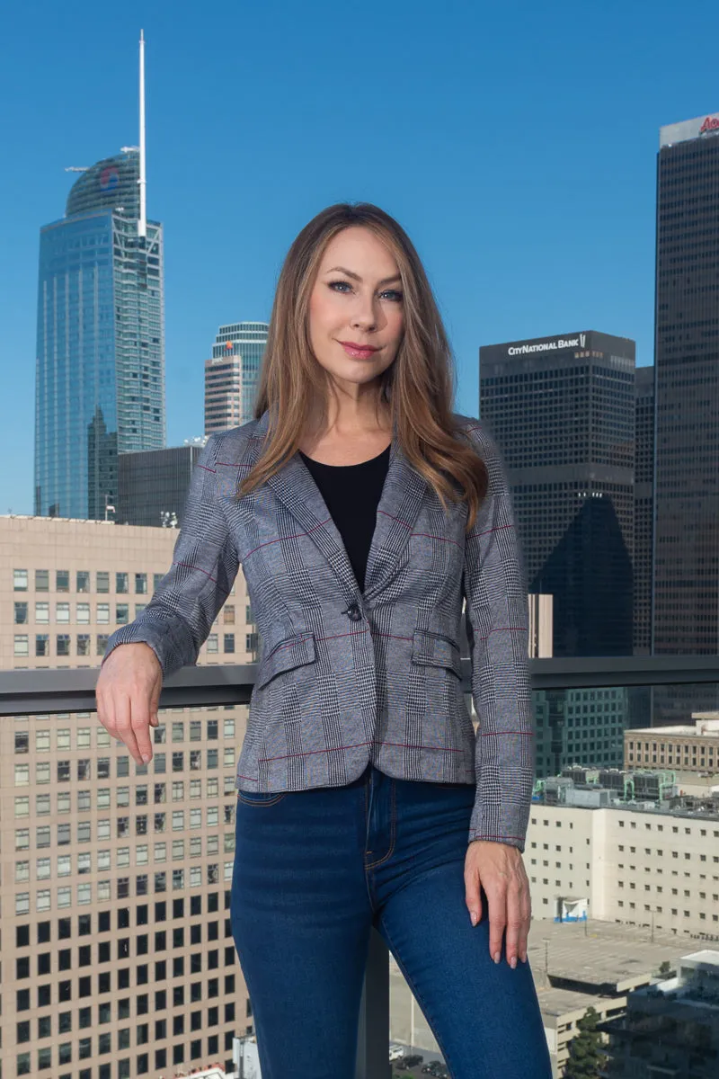 Glen Plaid Princess Cut Blazer with Single Button Closure and Front Flap Pockets in Lt. Grey (8753JS)