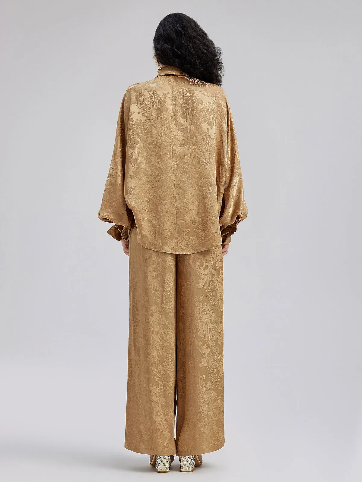 Gold Jacquard Wide Elastic Waist Pants
