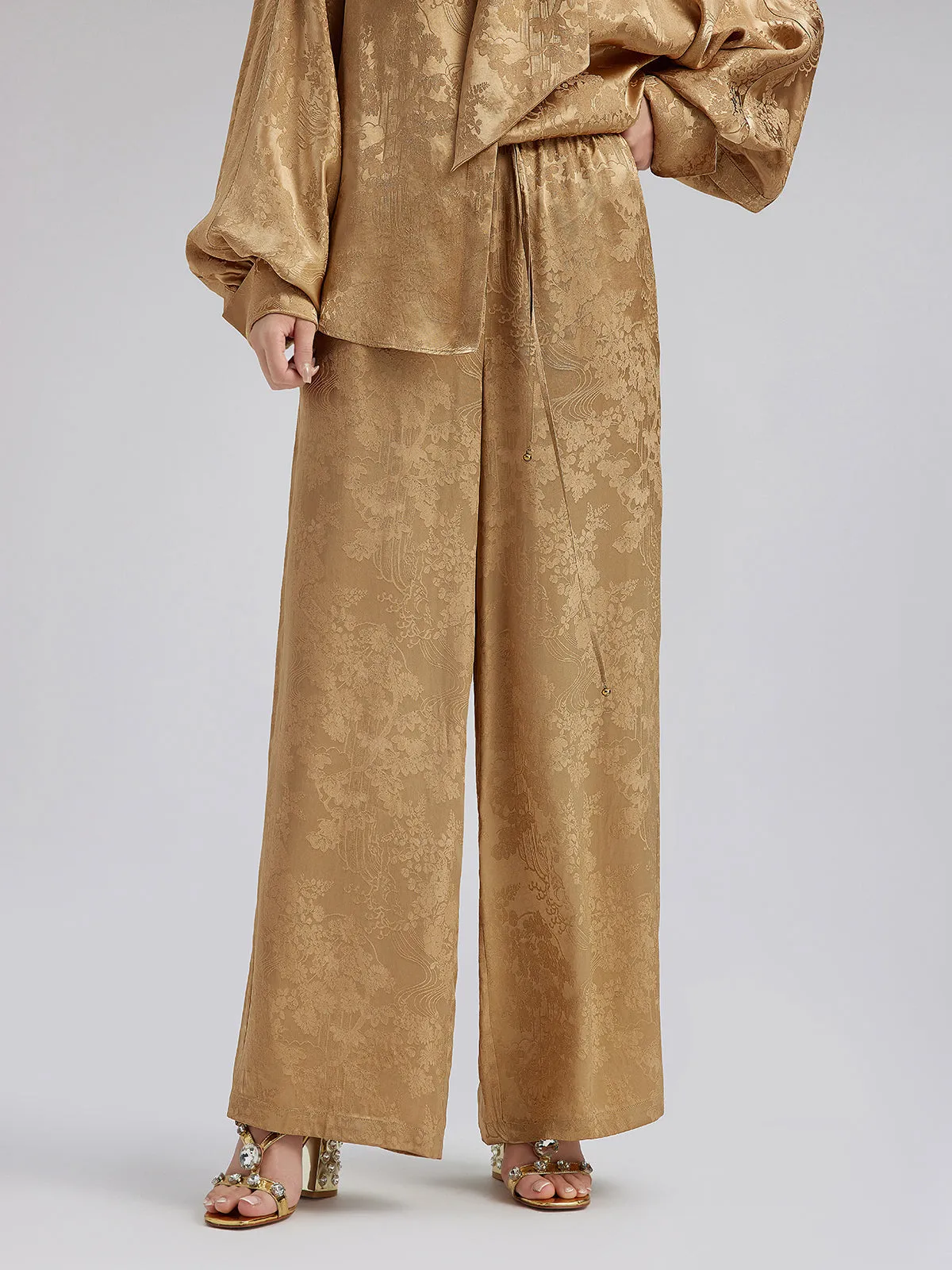 Gold Jacquard Wide Elastic Waist Pants