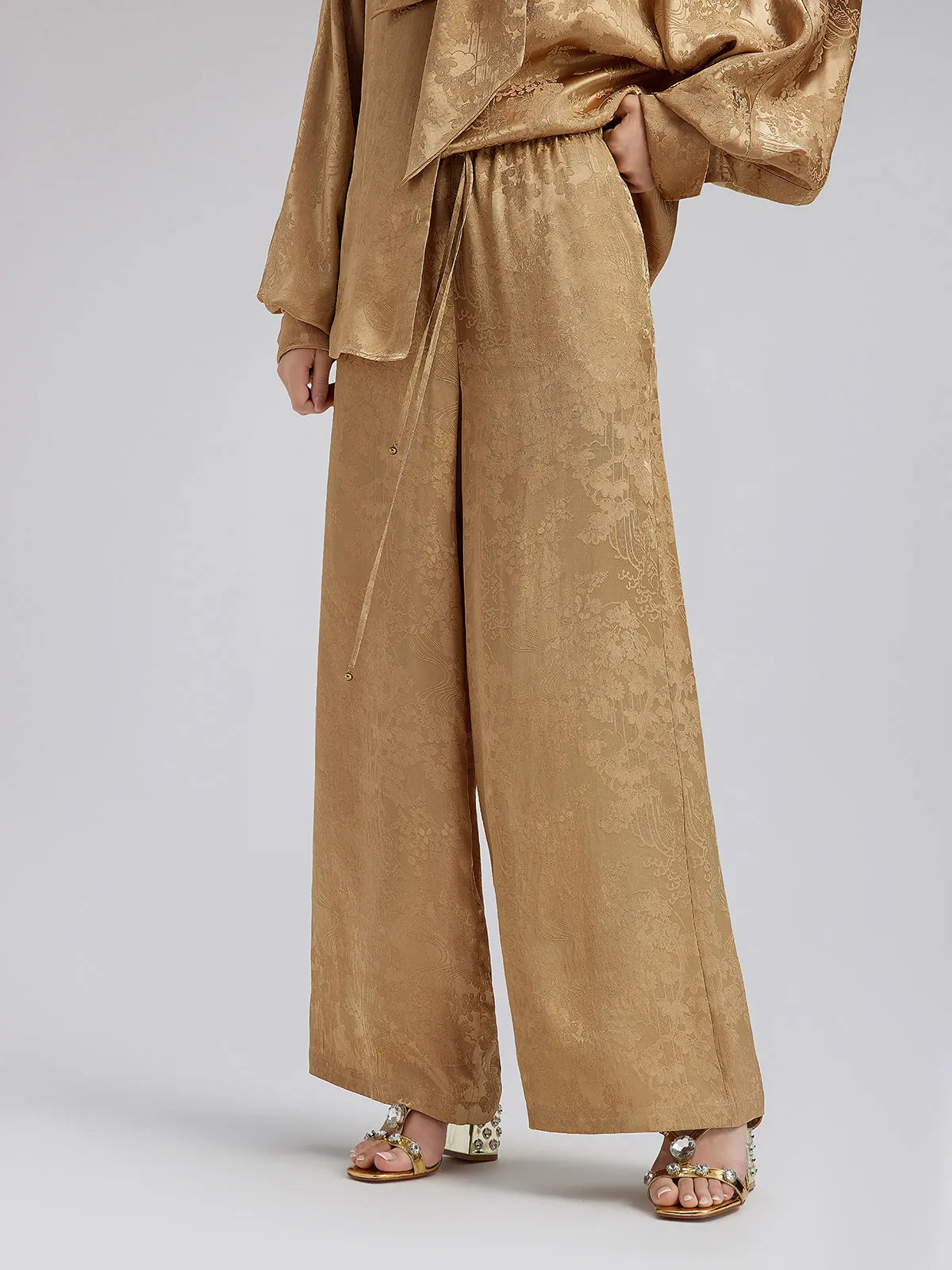 Gold Jacquard Wide Elastic Waist Pants
