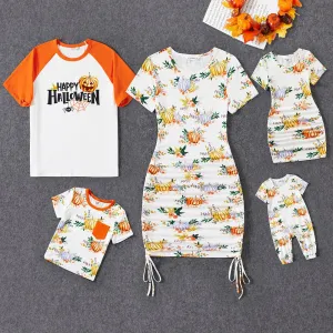 Halloween Family Drawstring Ruched Bodycon Pumpkin Dresses And Short Sleeve Tops Sets