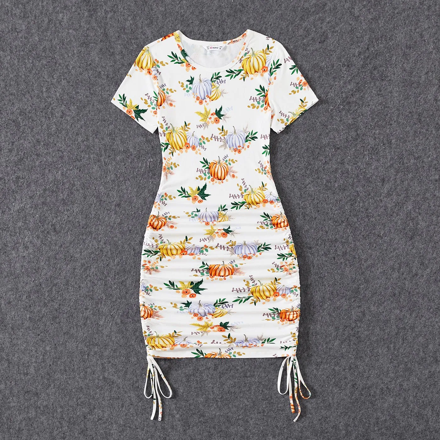 Halloween Family Drawstring Ruched Bodycon Pumpkin Dresses And Short Sleeve Tops Sets