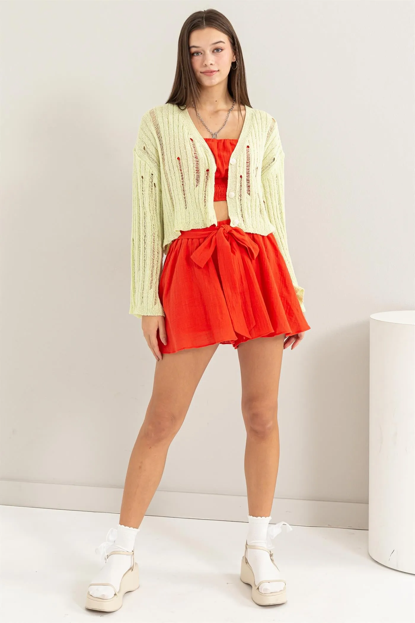 HF24C013-Relaxed Fit Distressed Sweater Cardigan