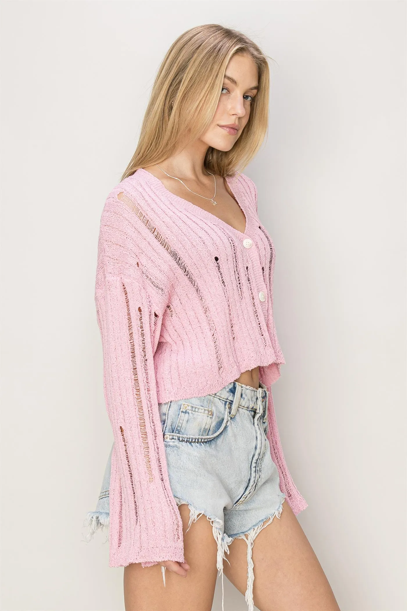 HF24C013-Relaxed Fit Distressed Sweater Cardigan