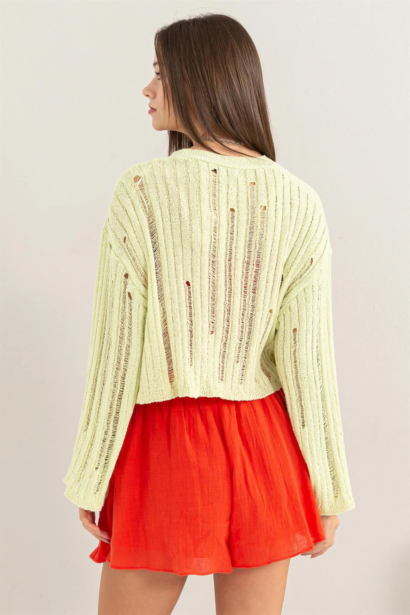 HF24C013-Relaxed Fit Distressed Sweater Cardigan