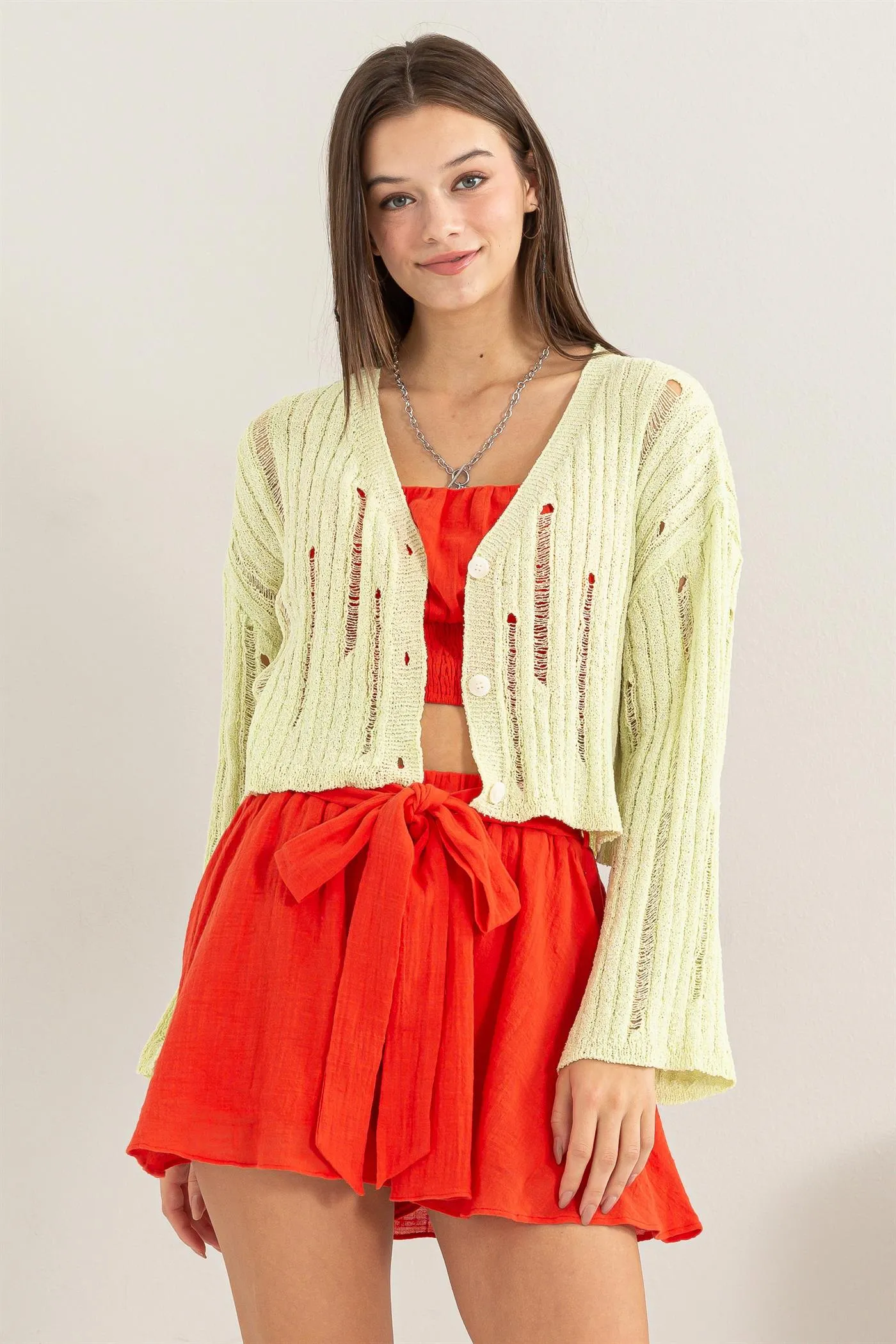 HF24C013-Relaxed Fit Distressed Sweater Cardigan