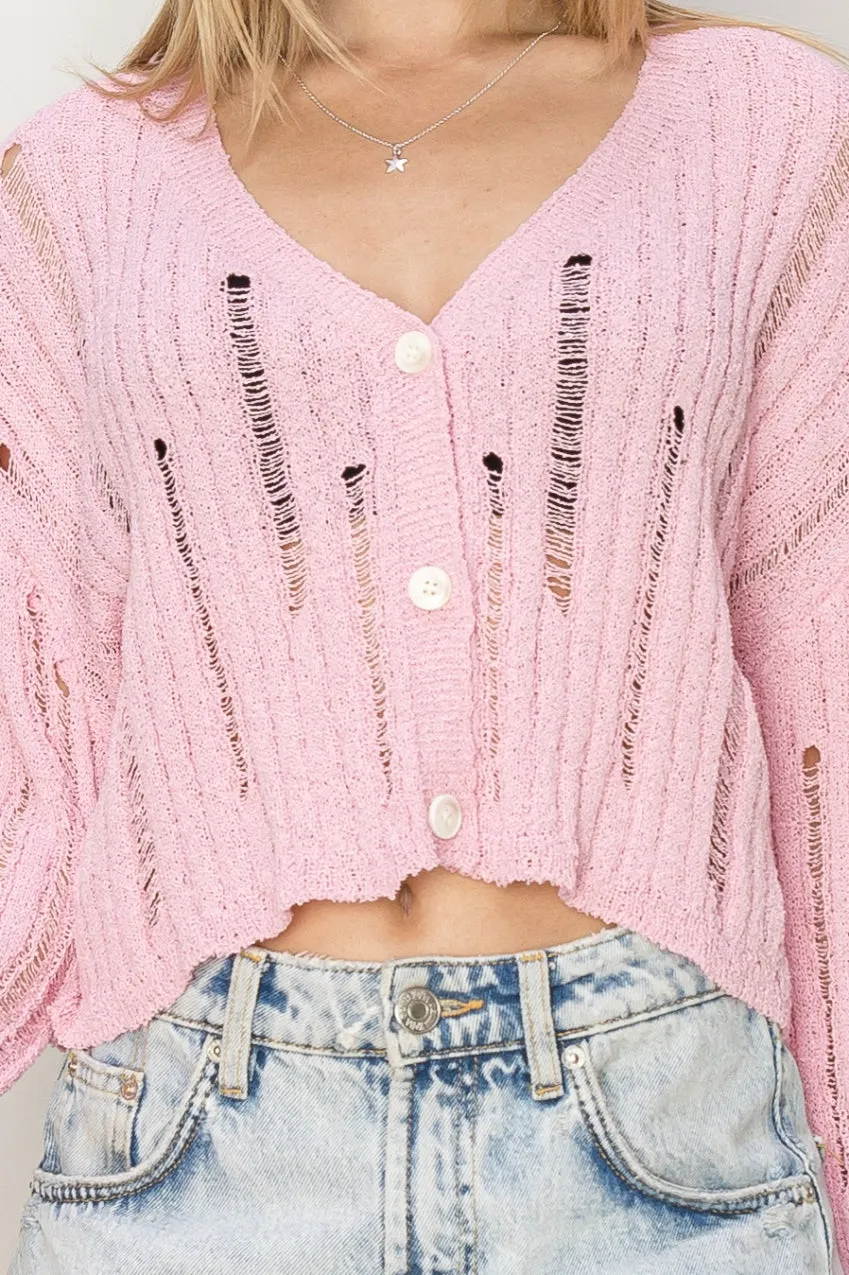 HF24C013-Relaxed Fit Distressed Sweater Cardigan