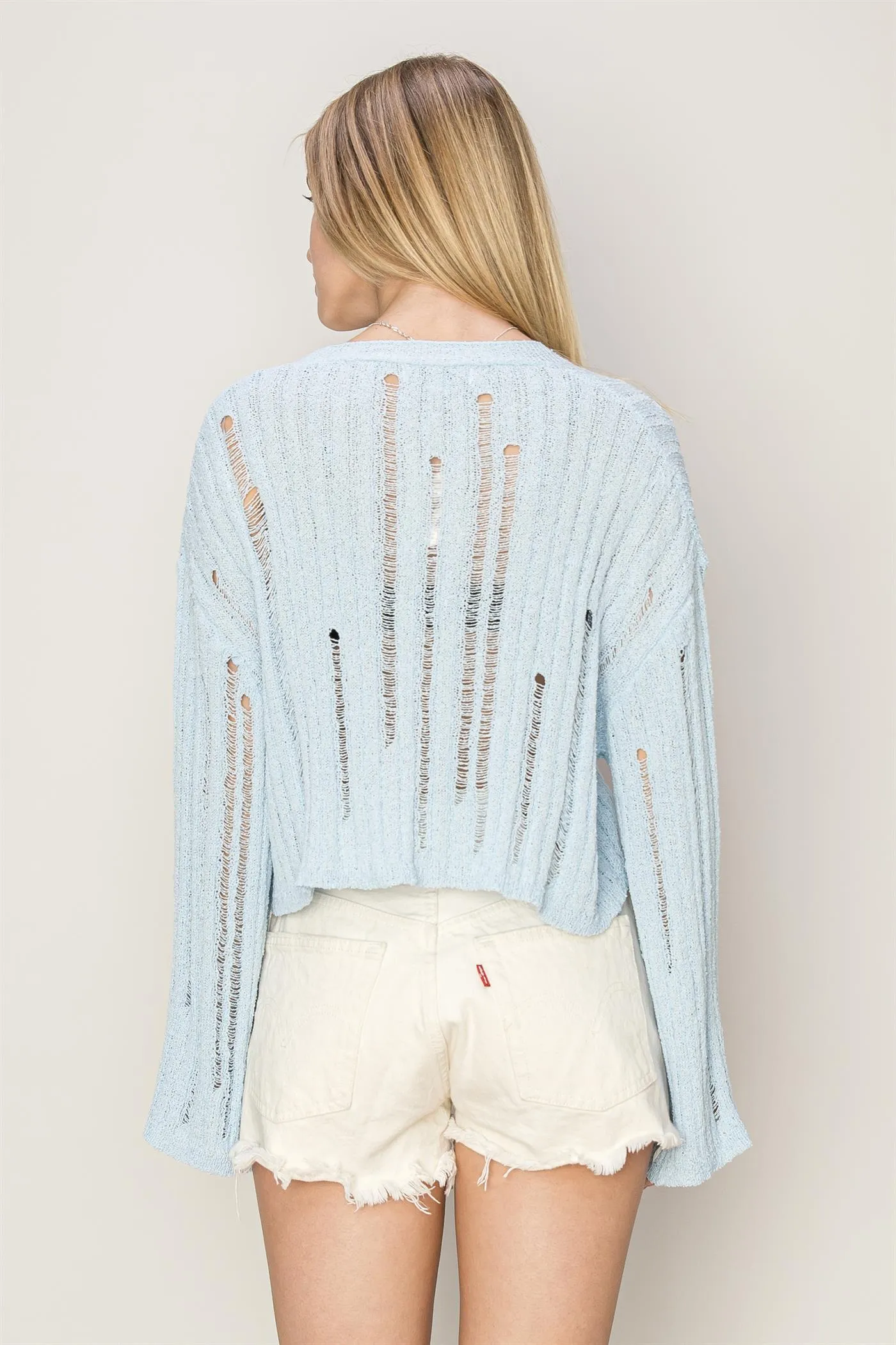 HF24C013-Relaxed Fit Distressed Sweater Cardigan
