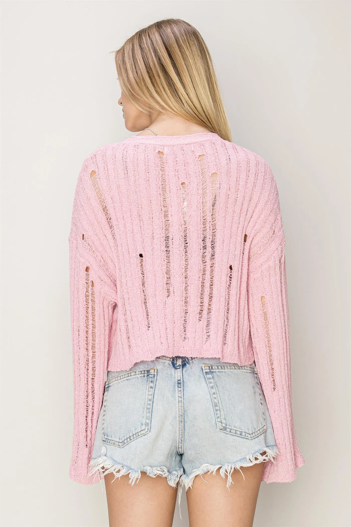 HF24C013-Relaxed Fit Distressed Sweater Cardigan