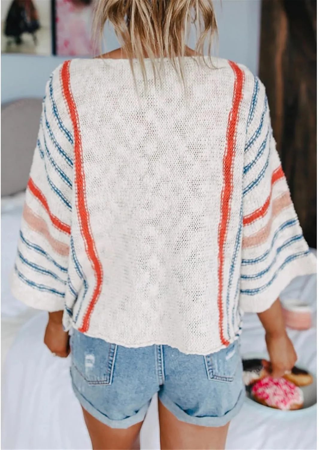 LCMTWX Oversized Sweater for Women Flared Sleeves Vertical Striped Color Matching Sweater Sweater Boys Pullover Sweater