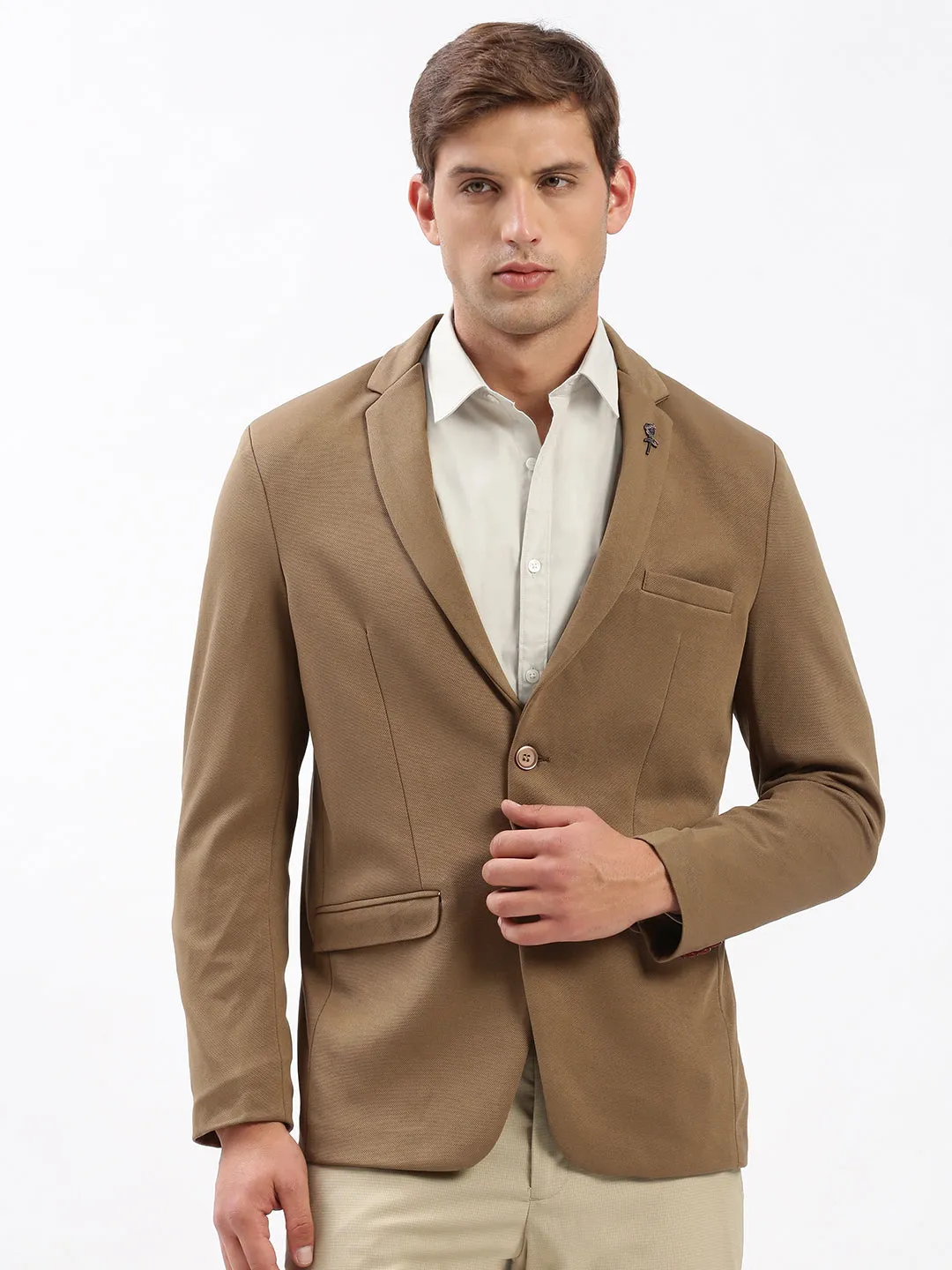 Men Notched Lapel Solid Brown Blazer