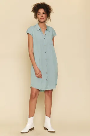Mystree Frayed Edge Tencel Shirt Dress In Light Blue